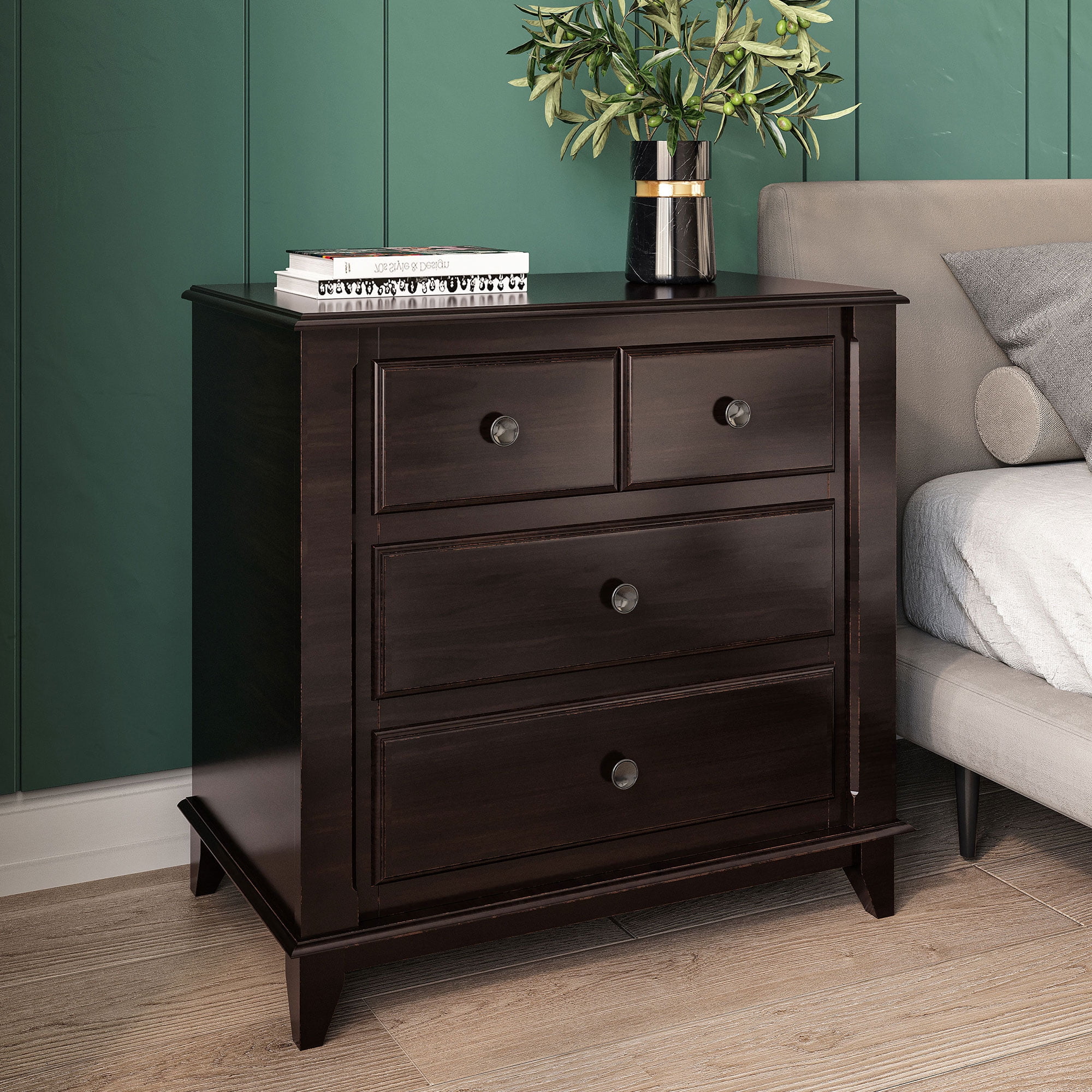 Modern Bedroom Nightstand with 3-Drawers, Espresso