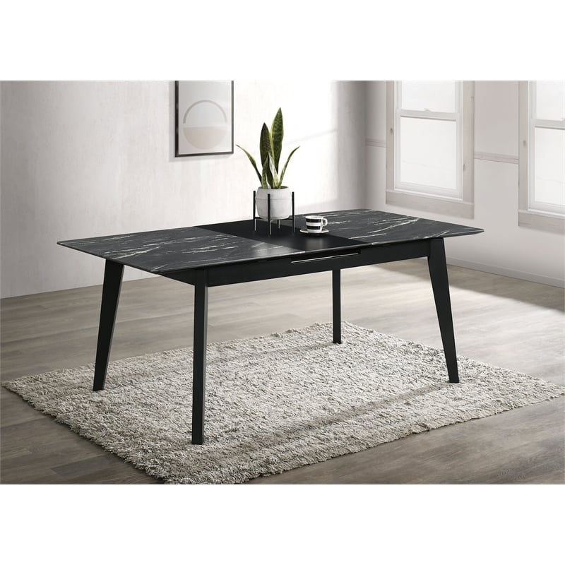 Pemberly Row Wood Dining Table Faux Marble Top and Extension Leaf Black