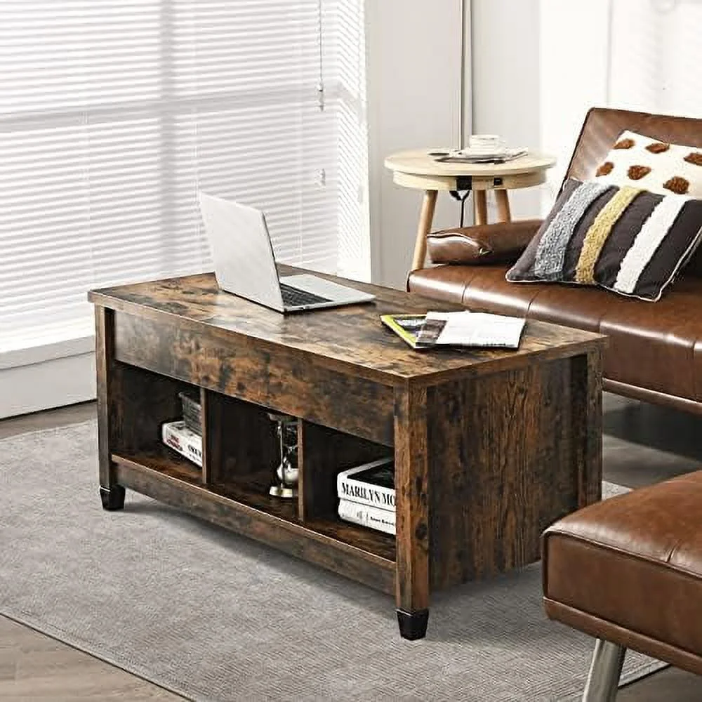 TQJKLFDY Lift Top Coffee Table with Hidden   Rectangular Sofa Tea Table with Solid Wood Legs  Industrial Center Table  for Living Room Reception Room (Rustic Brown)
