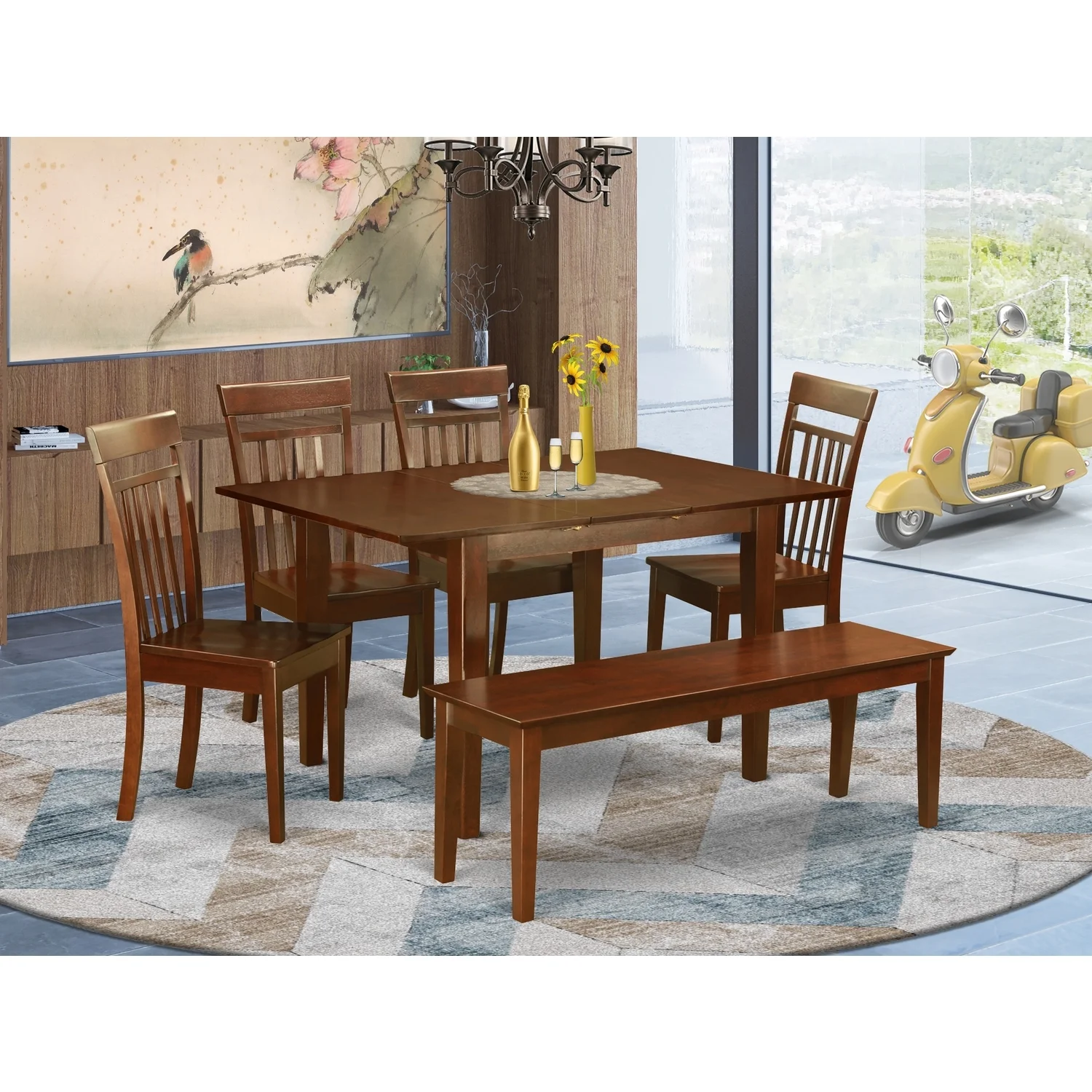 HomeStock Southwestern Sanctuary Set For Small Spaces-Kitchen Table, Dining Chairs And Bench