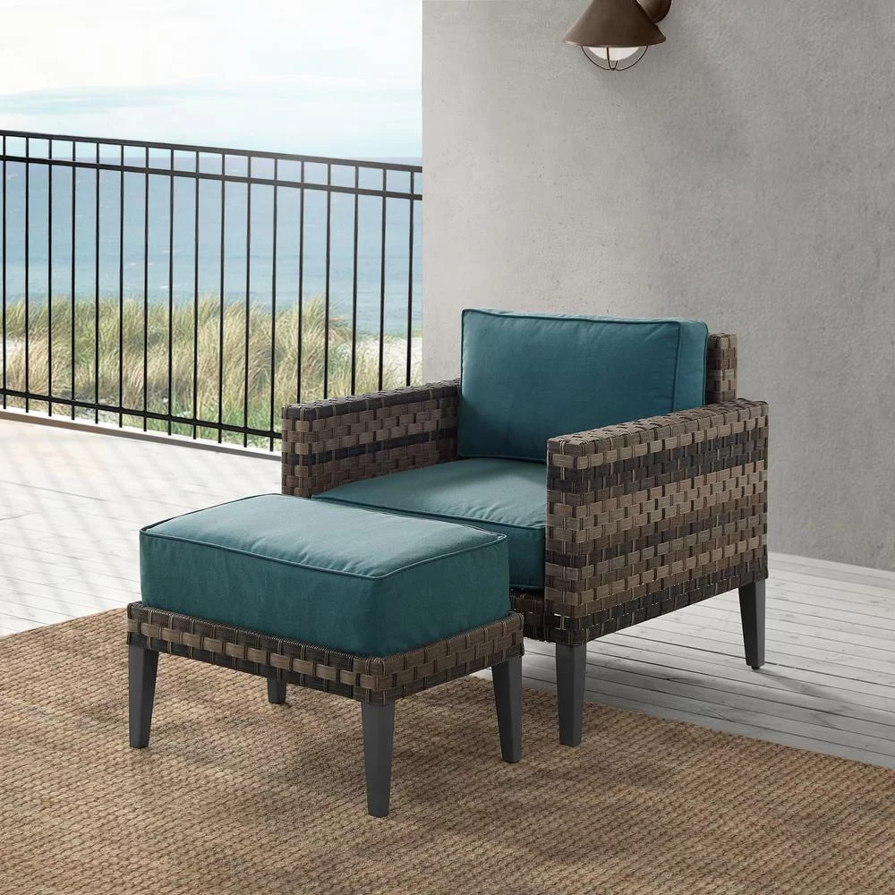 Crosley Furniture Prescott 2-PC Wicker Patio Arm Chair Set in Mineral Blue/Brown