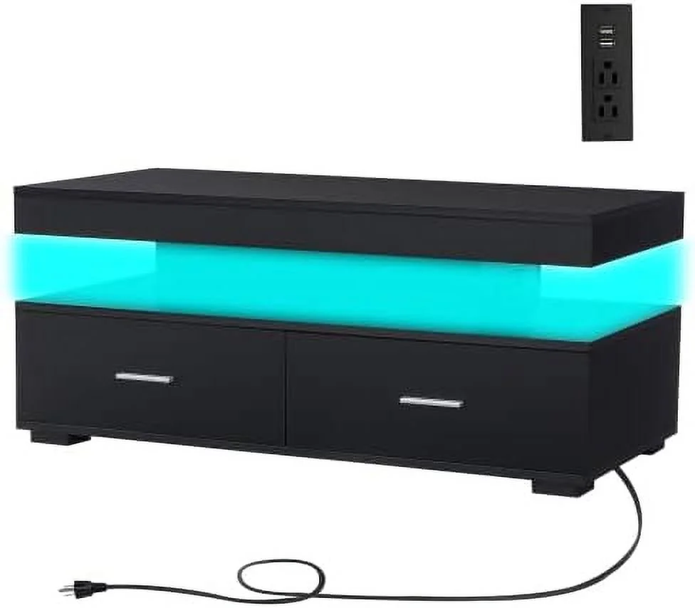 JYHOME LED Coffee Table for Living Room  Coffee Table with Lights  Charging Station  21 Color Change  Modern  Smart 2 Tiers Tea Table  Rectangle Design  Black