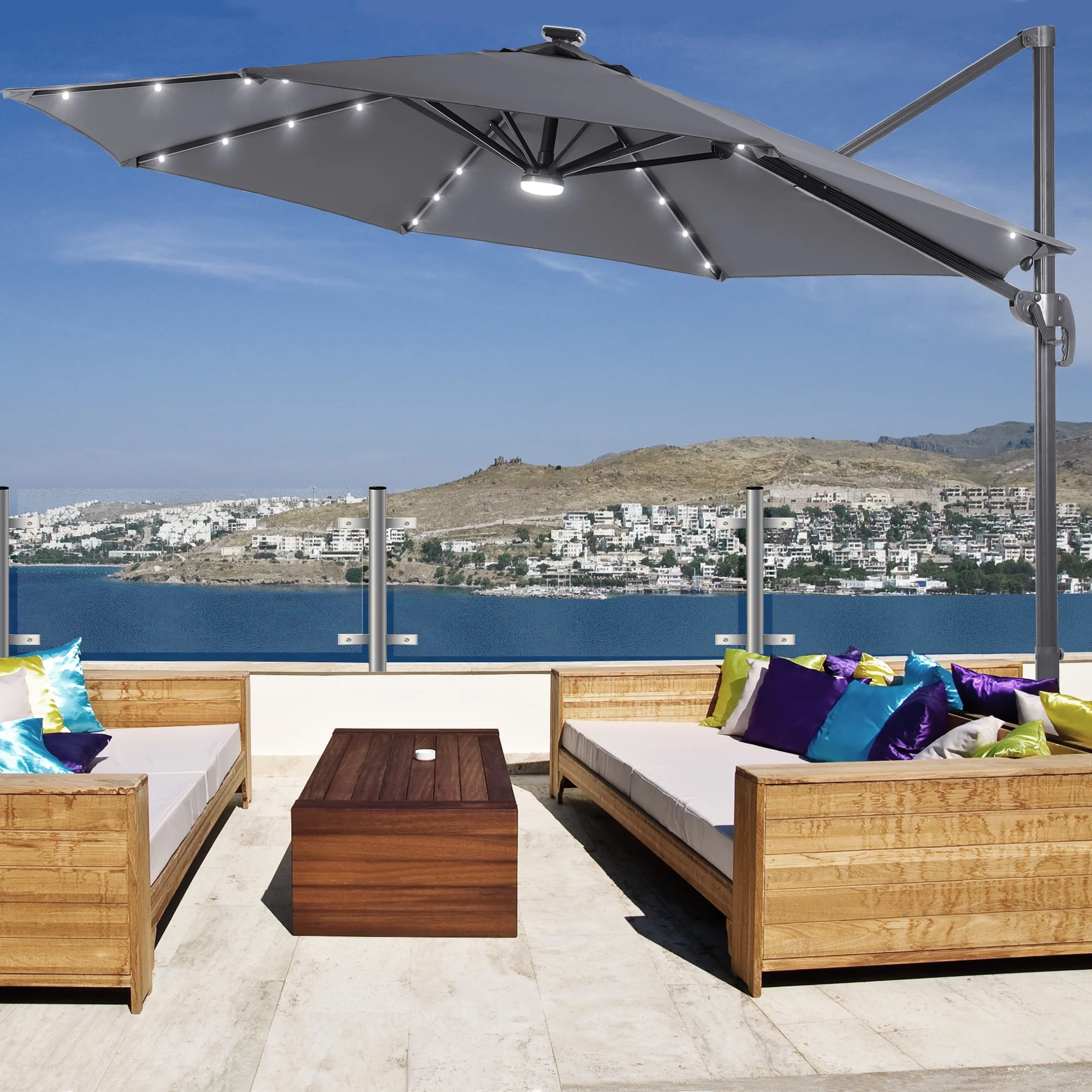 FLAME&SHADE 10 ft LED Outdoor Patio Cantilever Offset Aluminum Hanging 360°Rotation Umbrellas for Pool,Backyard and Garden,Gray
