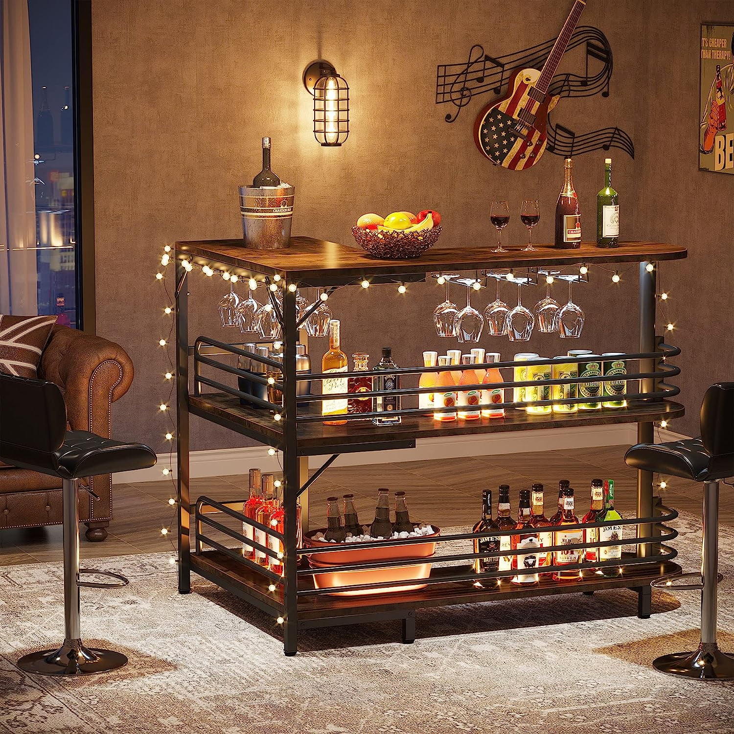 U-SHARE L-Shaped Home Bar Unit, 3 Tier Liquor Bar Table with Storage Shelves and Wine Glasses Holder, Industrial Corner Wine Bar Cabinet Mini Bars for Home Kitchen Pub, Rustic Brown