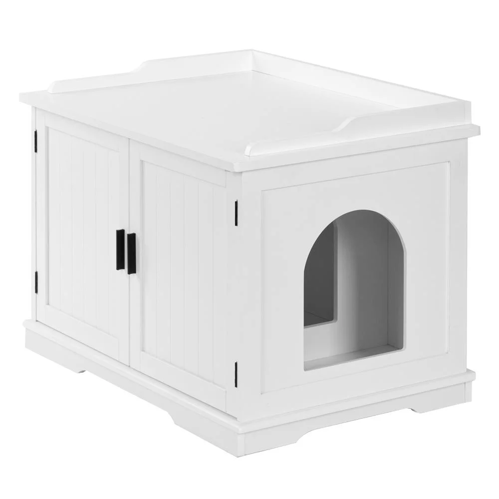 UBesGoo Wood Cat Litter Box Enclosure, Hidden Washroom Indoor Cat Crate with Double Doors, Decorative Pet Side Table, White