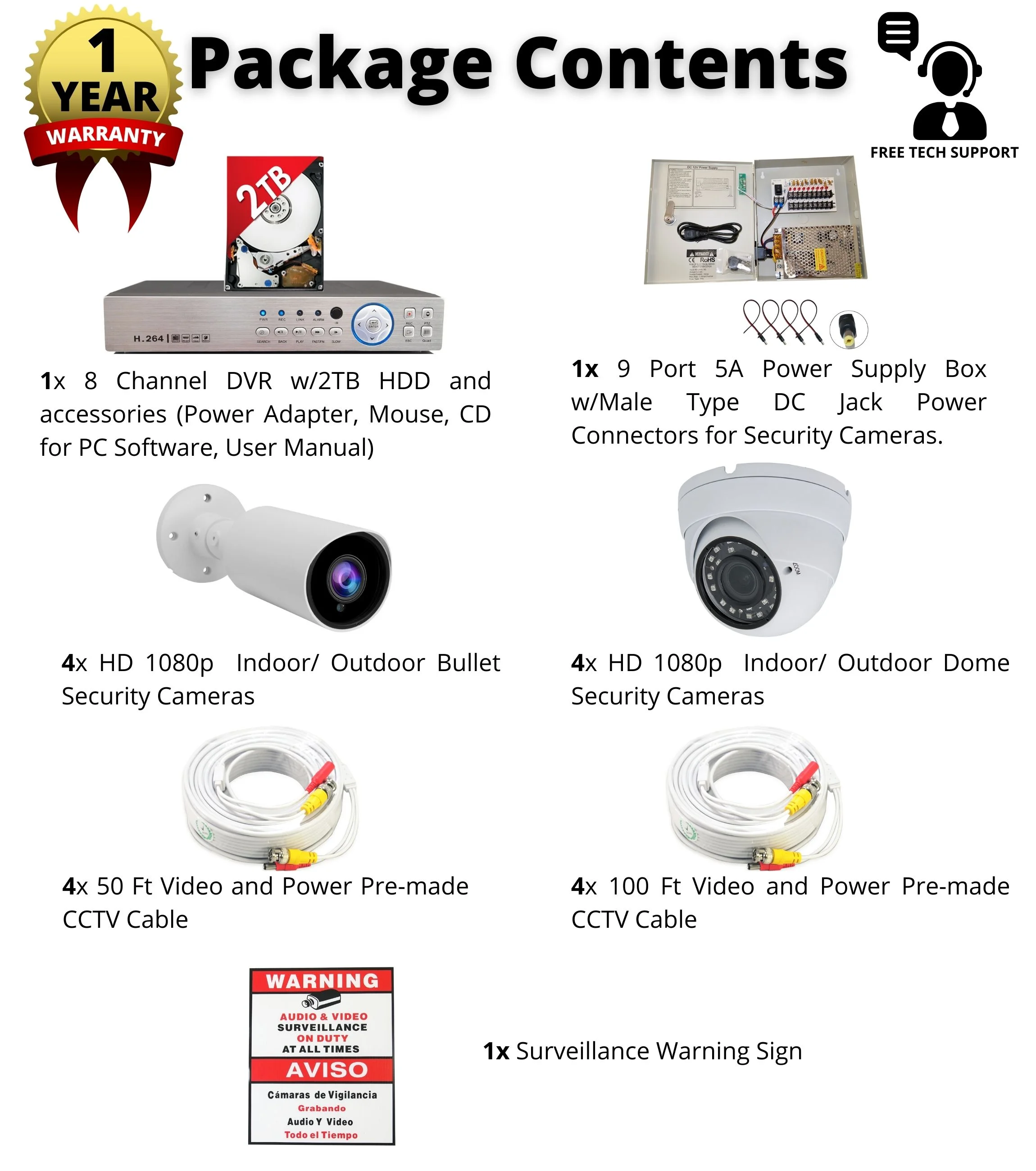 Evertech 8 Channel Security Camera System with 1080p Dome and Bullet Cameras 2TB Hard Drive for Recording, Easy Remote Access