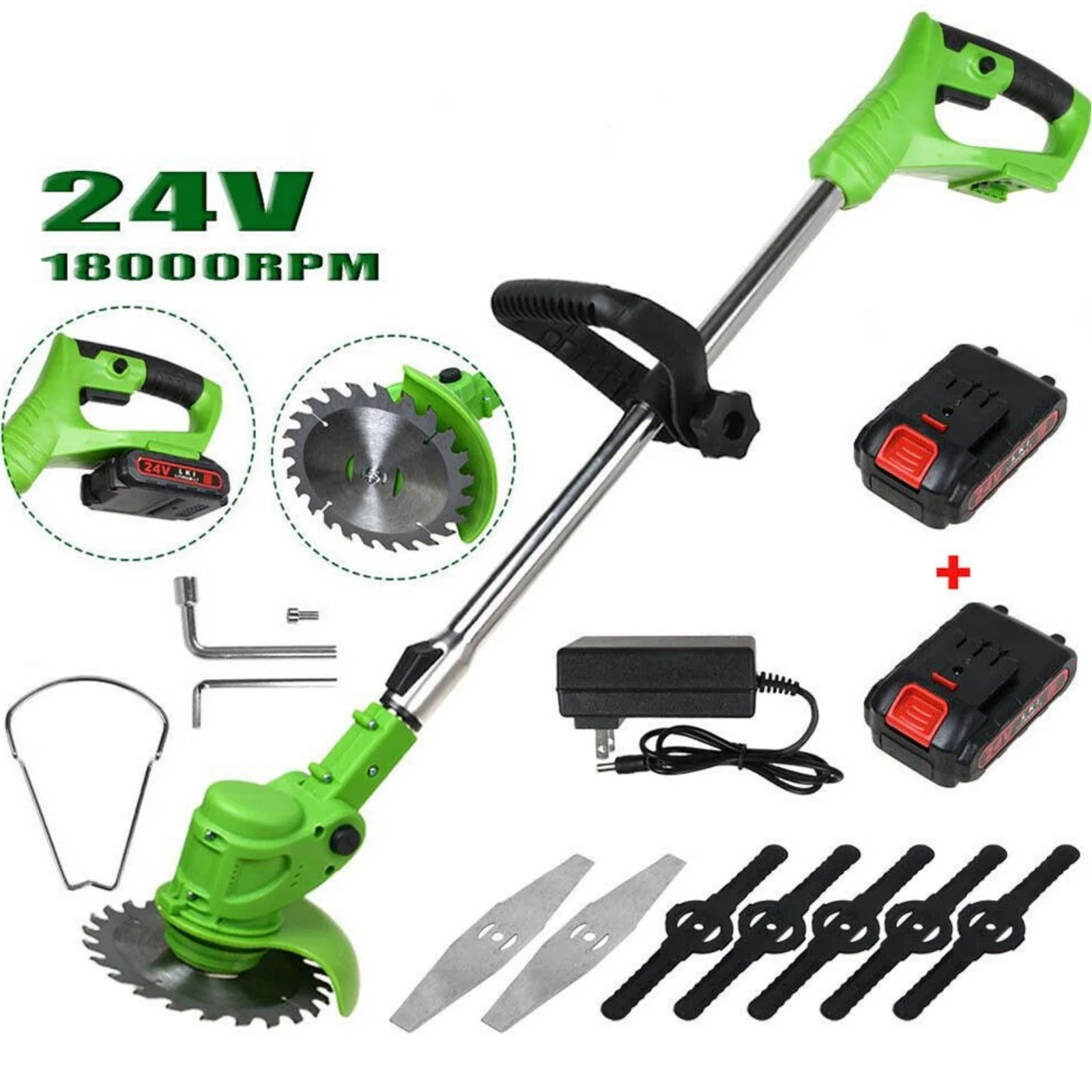 Electric Grass Trimmer, Battery Operated Weed Eater Cordless, 650W 24V Weedwacker for Grass Cutting, Grass Brush Trimming Tool, Green