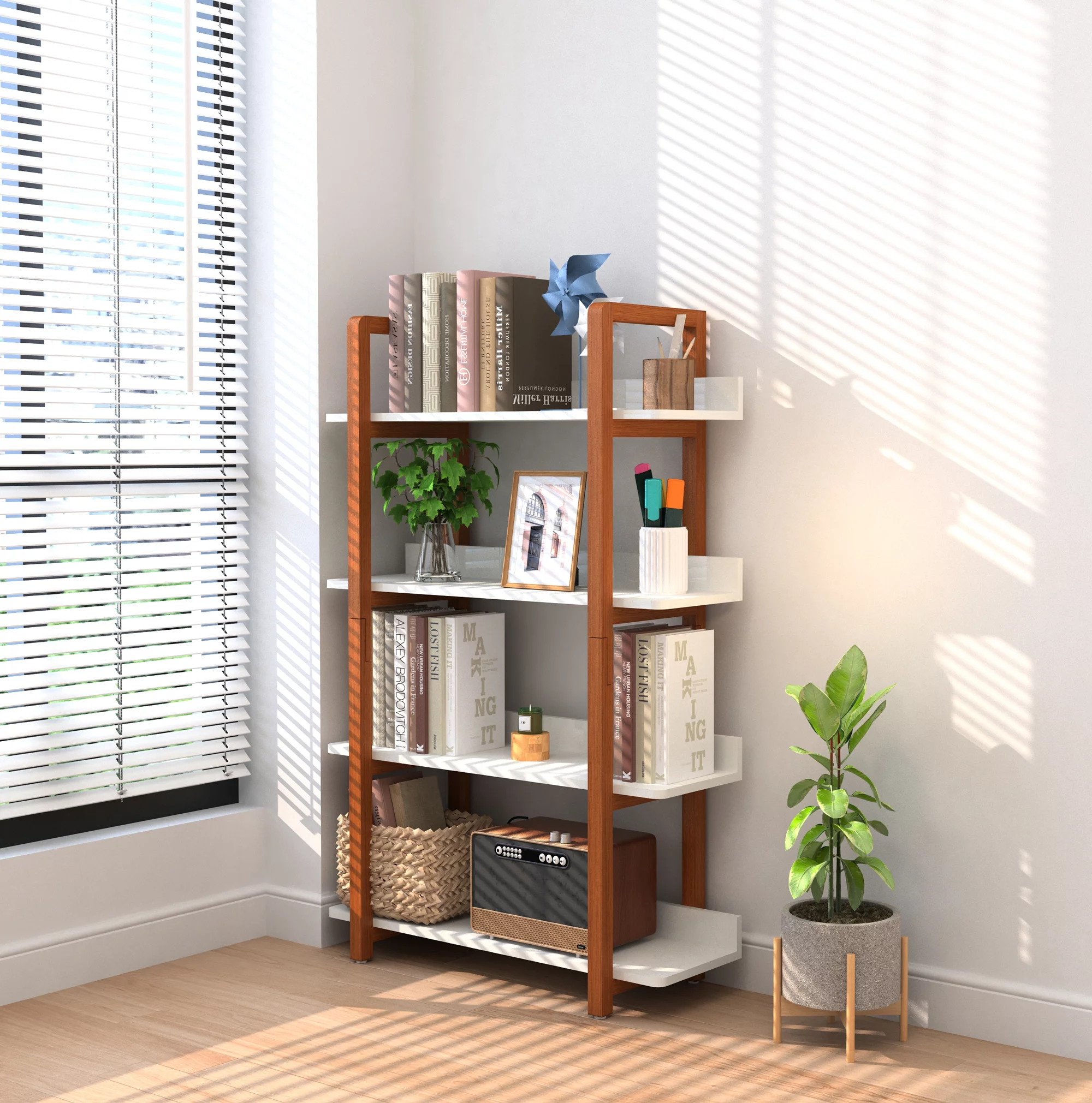 Homiyad Multifuction Bookcase with Solid Wood Frame,Mix Color Plant Standing for Home Decro