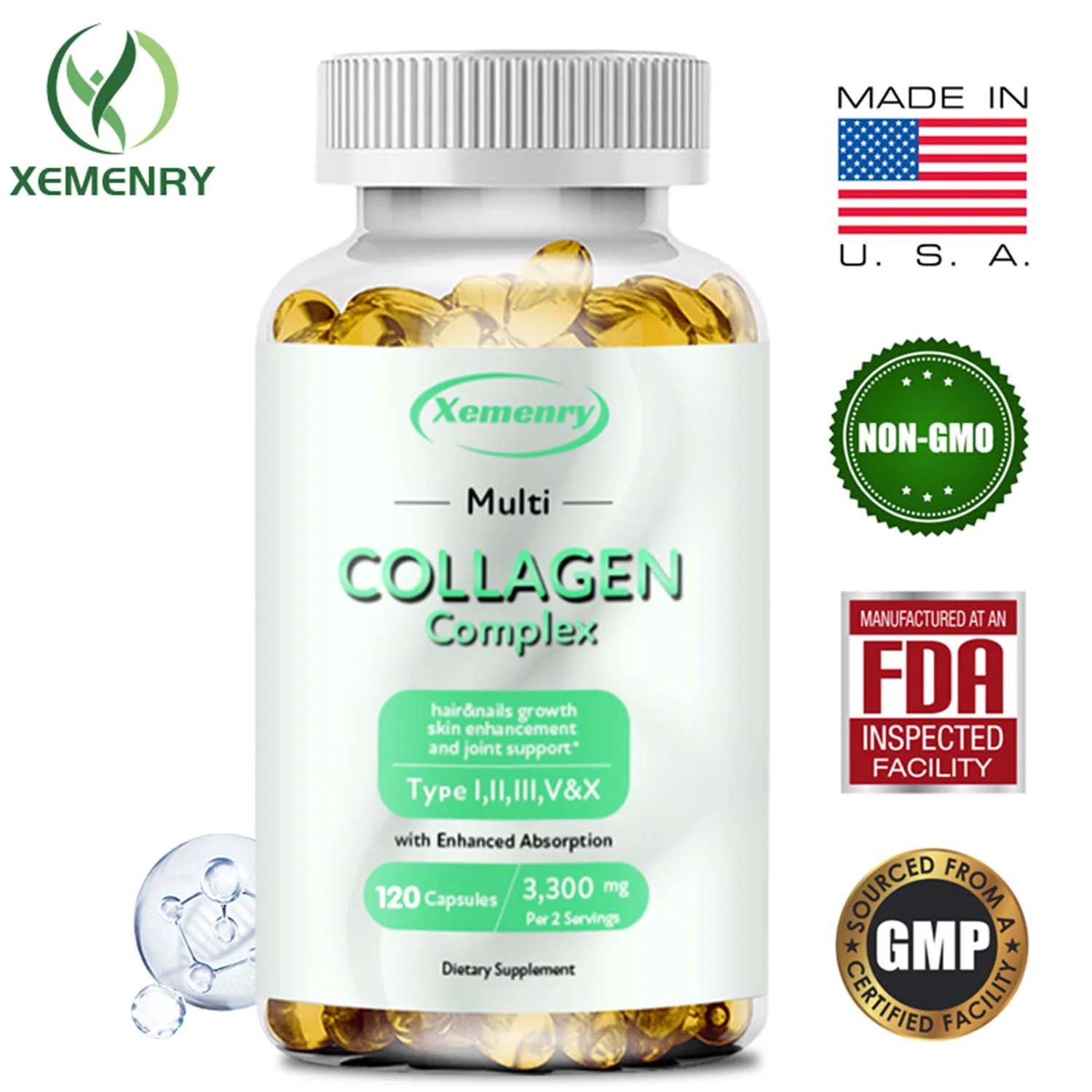 Xemenry Collagen Complex 3300mg-Type I, II, III, V, X -Hydrolyzed Collagen, Anti-Aging(30/60/120pcs)