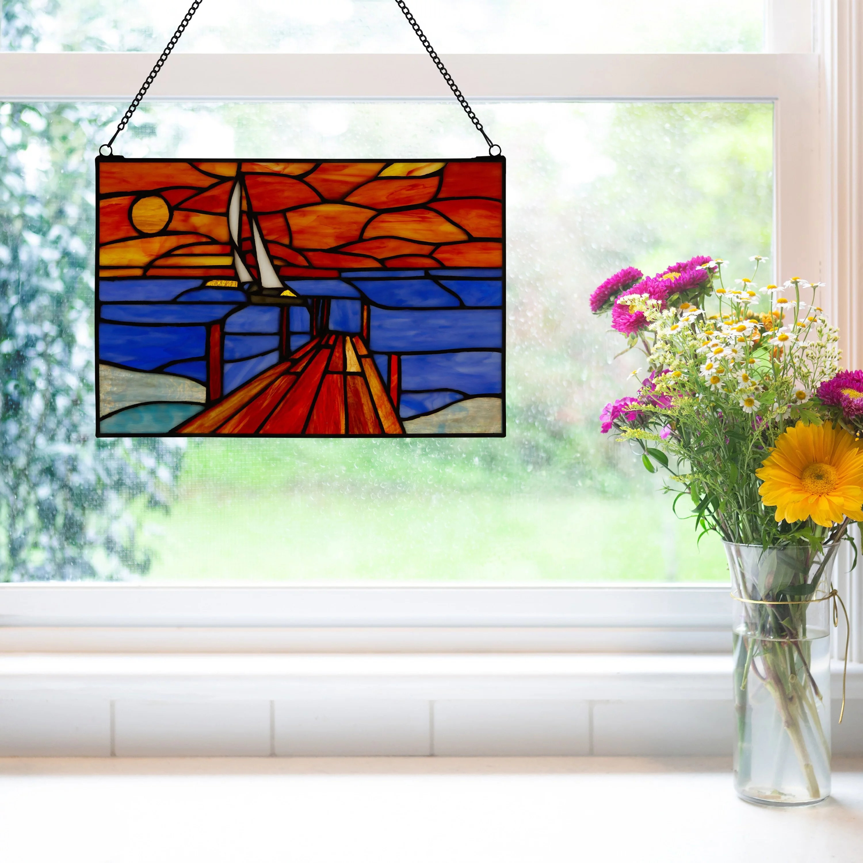 River of Goods  Sailboat at Sunset  Stained Glass Window Panel - 14
