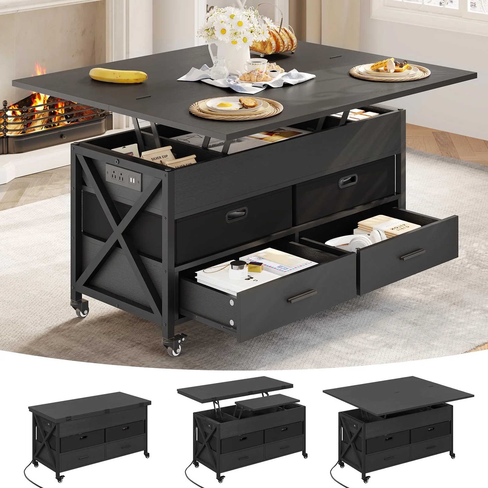 4 in 1 Lift Top Coffee Table with Power Outlet, Center Table with 4 Drawers, Black