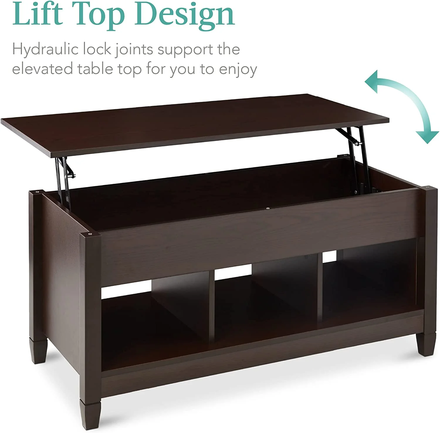 Lift Top Coffee Table Hidden Storage Coffee Table, Wooden Dining Coffee Table, Accent Table Furniture for Living Room, Display Shelves - Espresso