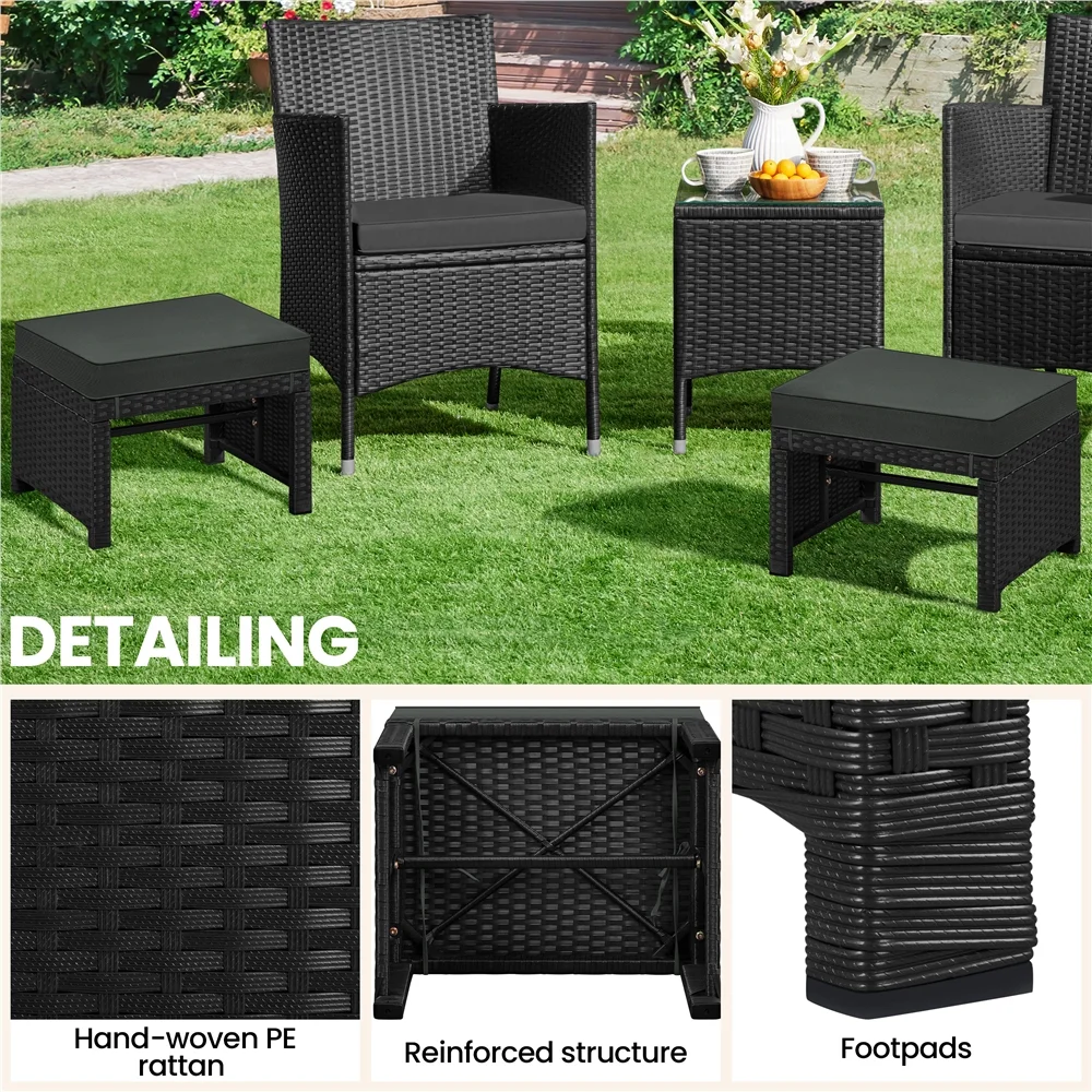 Topeakmart 2pcs Wicker Ottomans with Removable Cushion, Black/Gray