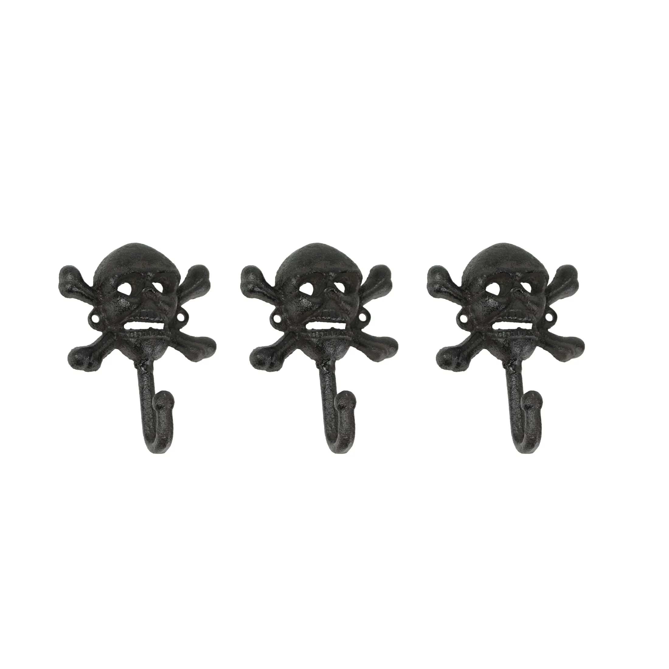 Zeckos Black Cast Iron Skull and Bones Decorative Wall Hooks Set of 3