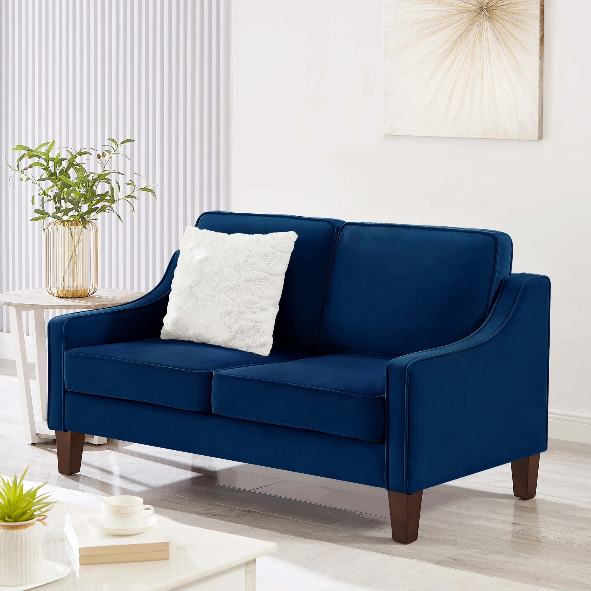 Ufurpie Modern Loveseat sofa for Living Room,2 Seat Upholstered Velvet Small Couch with Wooden Legs for Living Room Bedroom,Blue