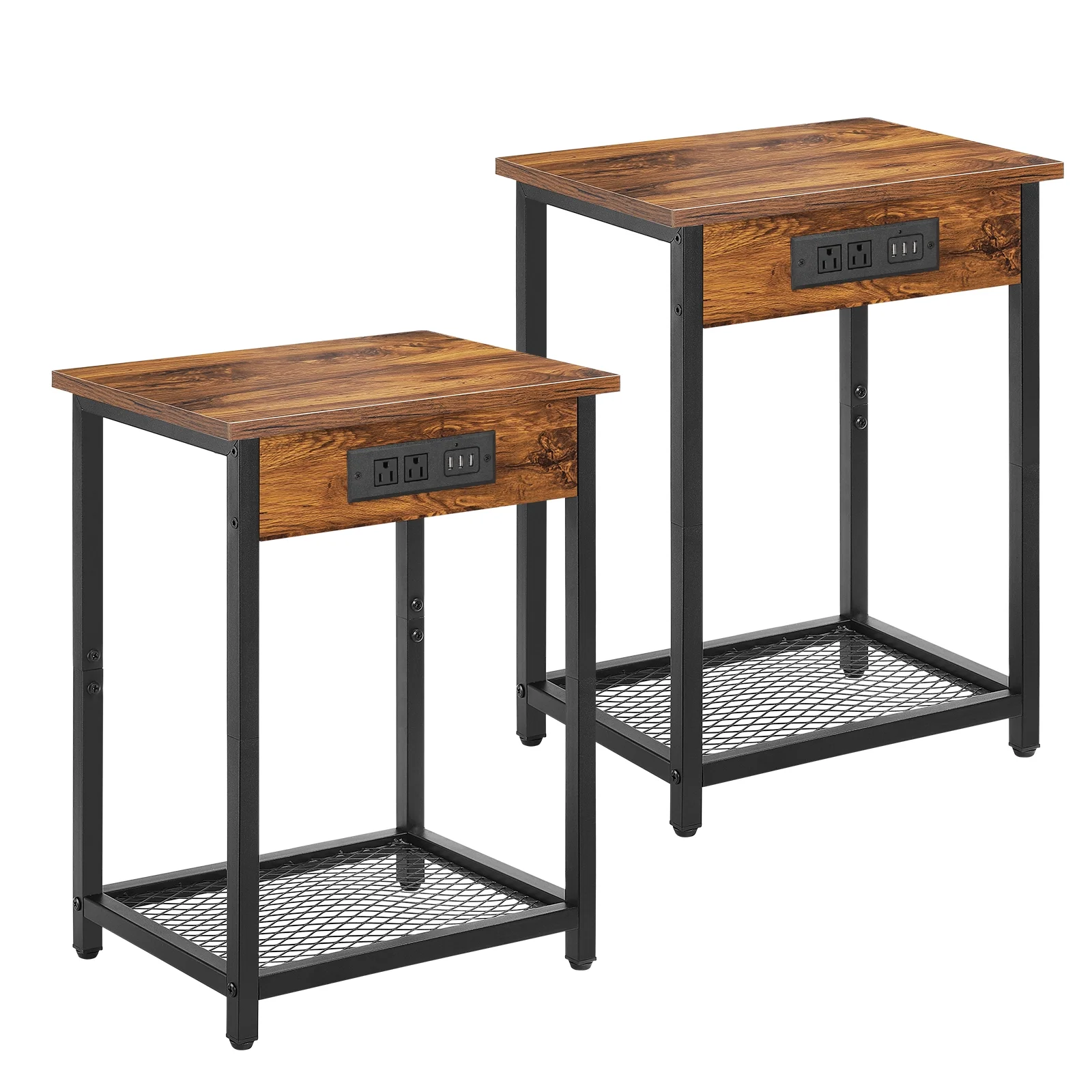 Nightstand End Table with Charging Station Brown, Set of 2