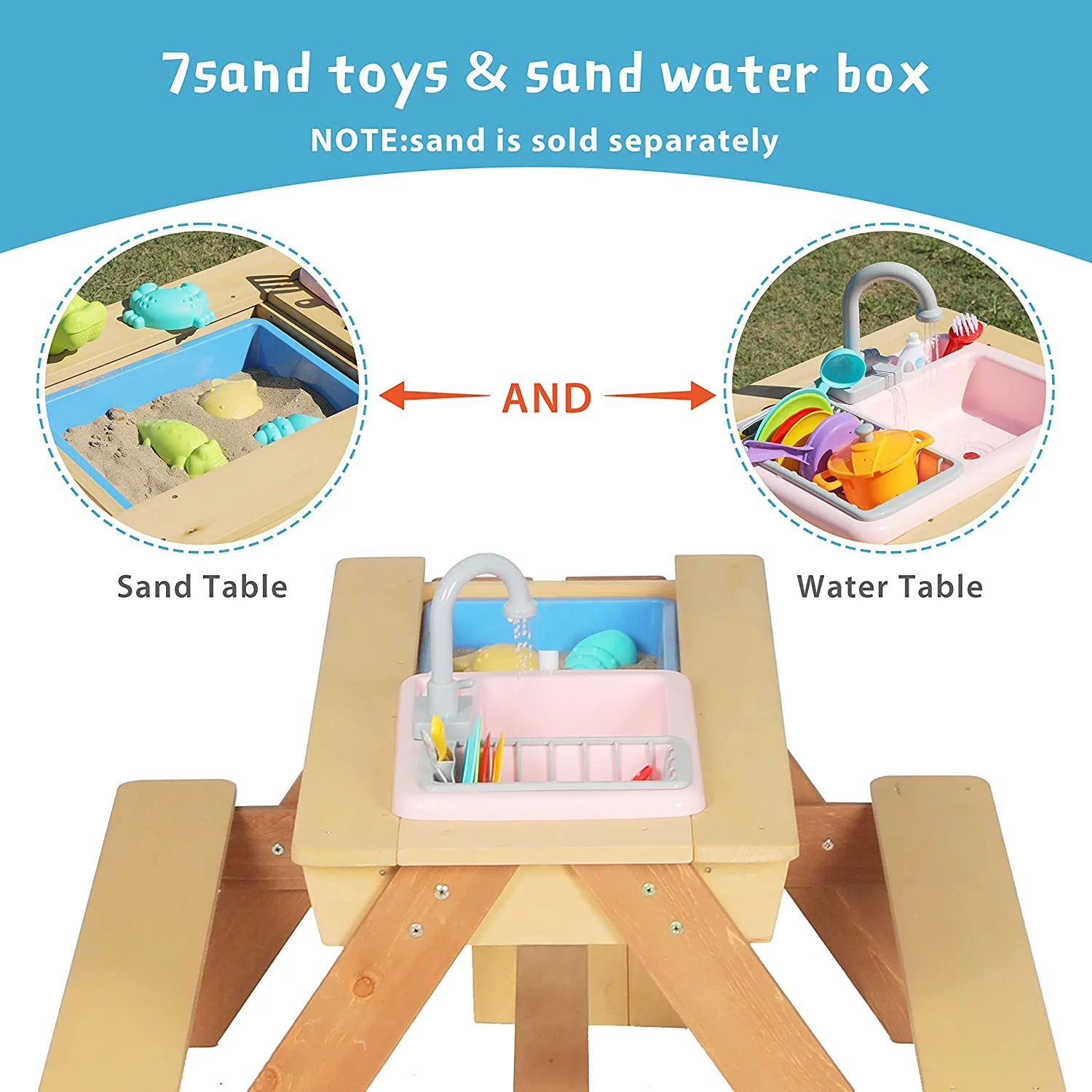 Kids Picnic Table, 3-in-1 Outdoor Wood Sand & Water Table w/Umbrella, Activity Table w/Sink, Faucet, Cooking Toys