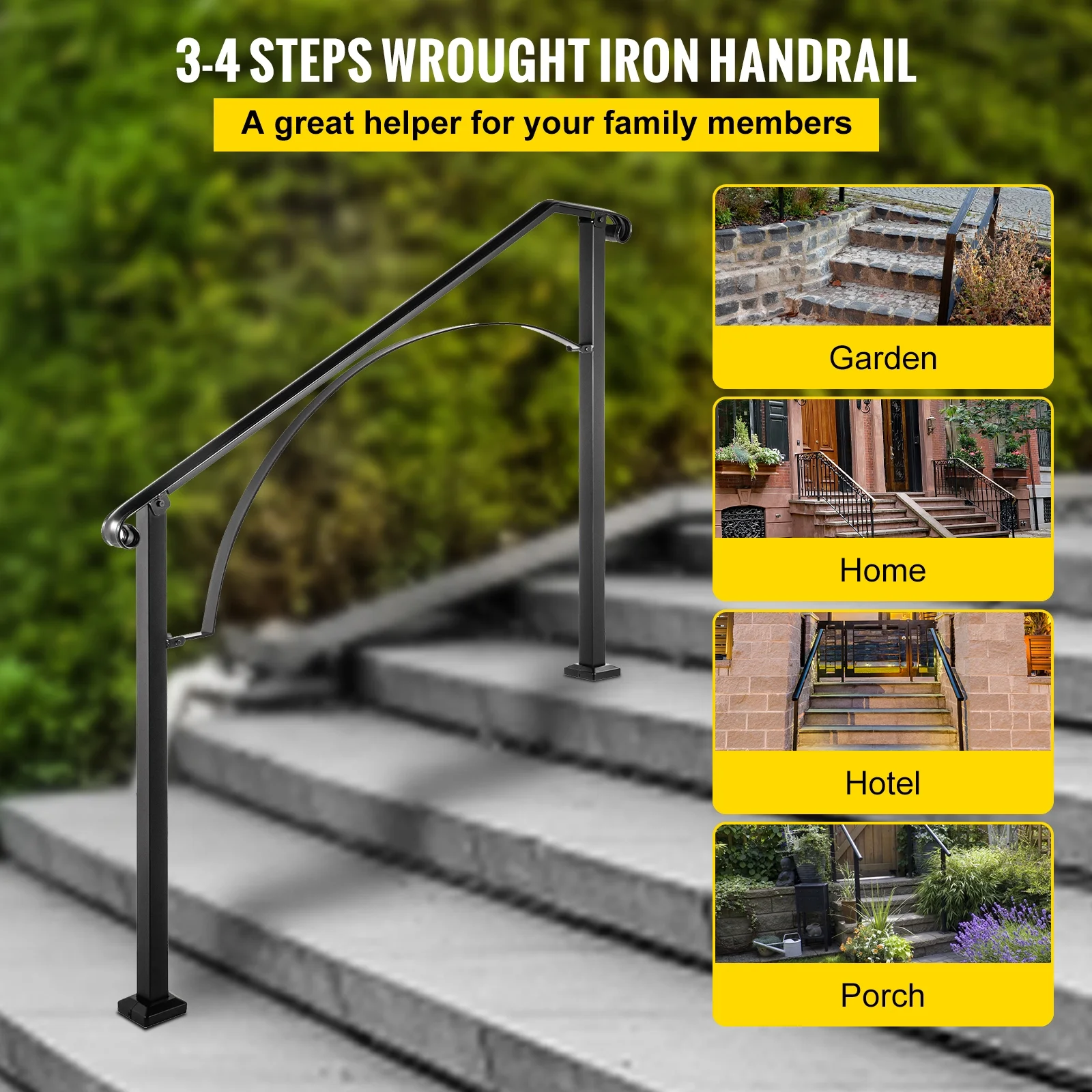 SKYSHALO Handrail Arch #3 Fits 3 or 4 Steps Matte Black Stair Handrail Wrought Iron Handrail Mounting Kit Outdoor Step Handrail
