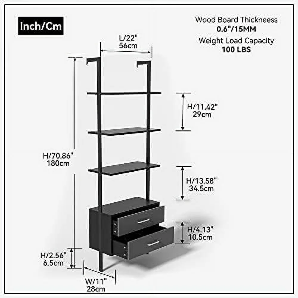 ZWNLKQG Ladder Bookshelf with 2 Drawers  3-Tier Display Bookcase  Shelves Plant Flower Stand with Metal Frame  Wall Mount Required