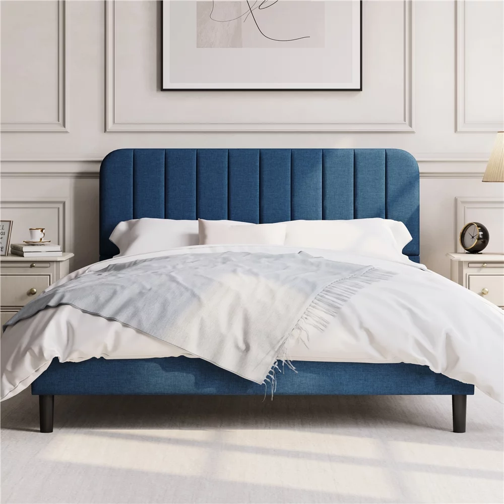 Easyfashion Velvet Upholstered Platform Bed Frame with Headboard / Wood Slat Support Black, Queen