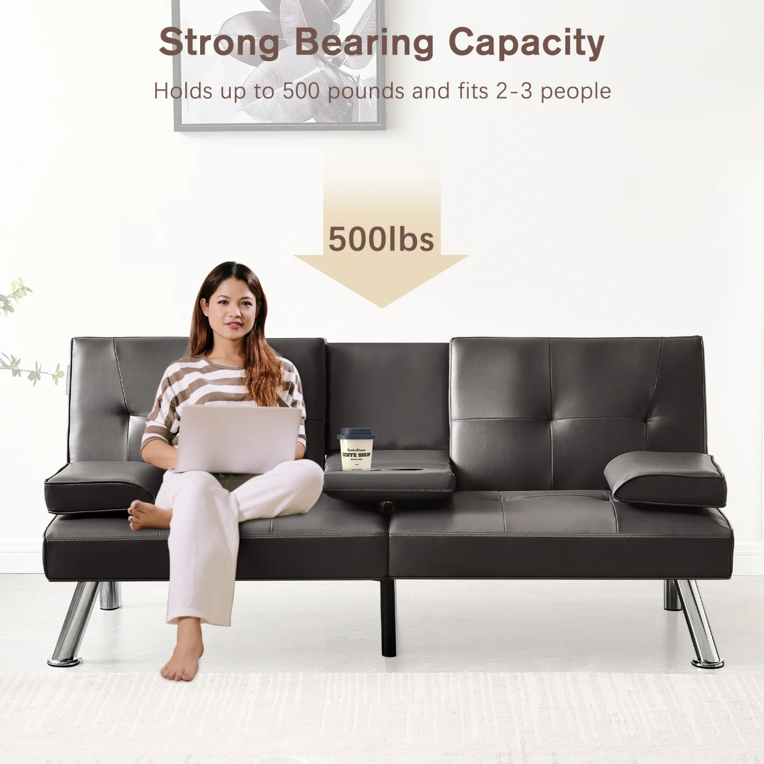 Convertible Sofa Bed Adjustable Couch Sleeper Modern Faux Leather Recliner Reversible Loveseat Folding Daybed Guest Bed  Removable Armrests  Cup Holders  3 Angles Brown.