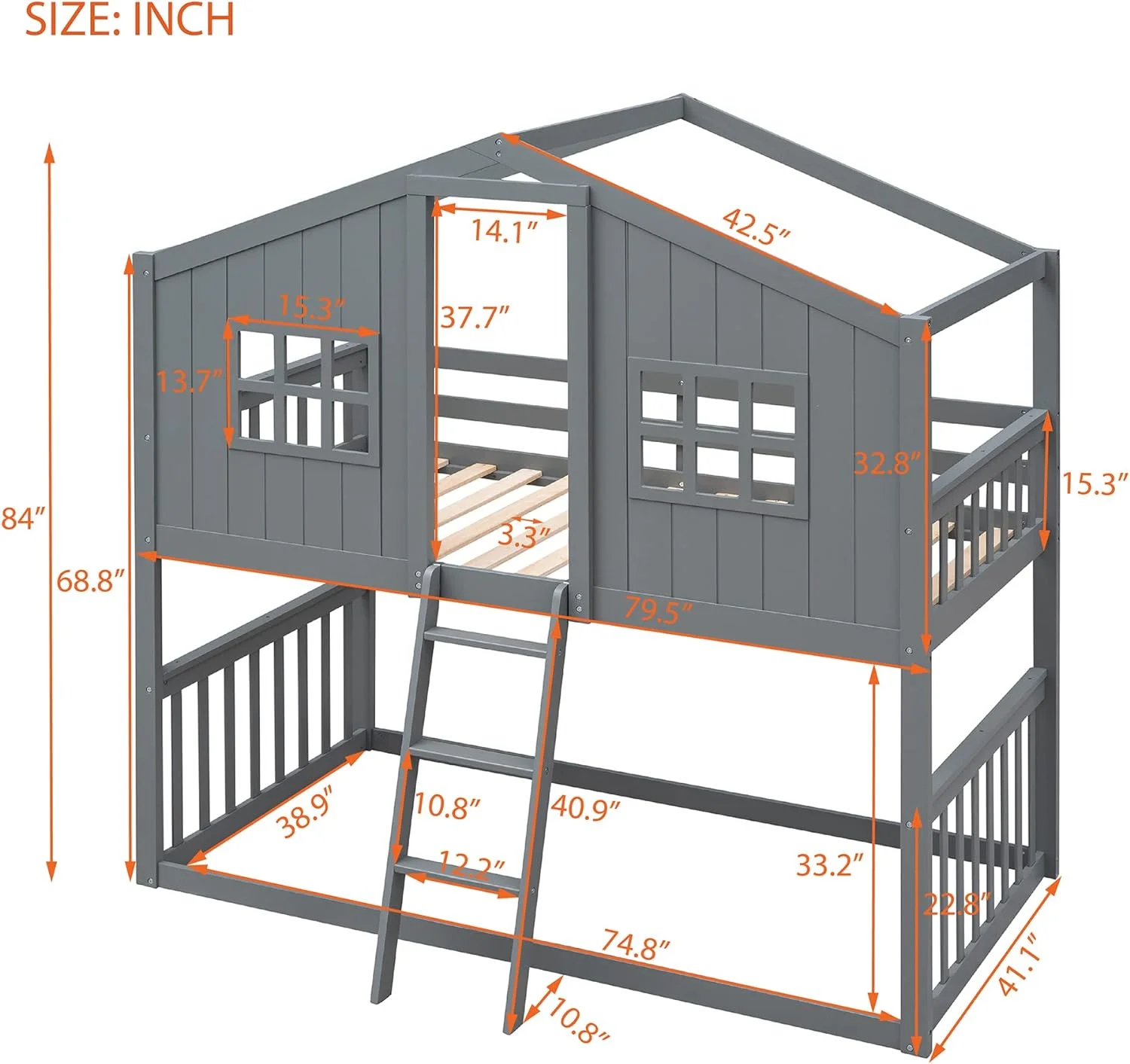 House Bed Buk Beds Over Size Buk Beds With Ladder Wood Low Buk Beds With Roof Ad Guard Rail For Kids, Toddlers, Grey