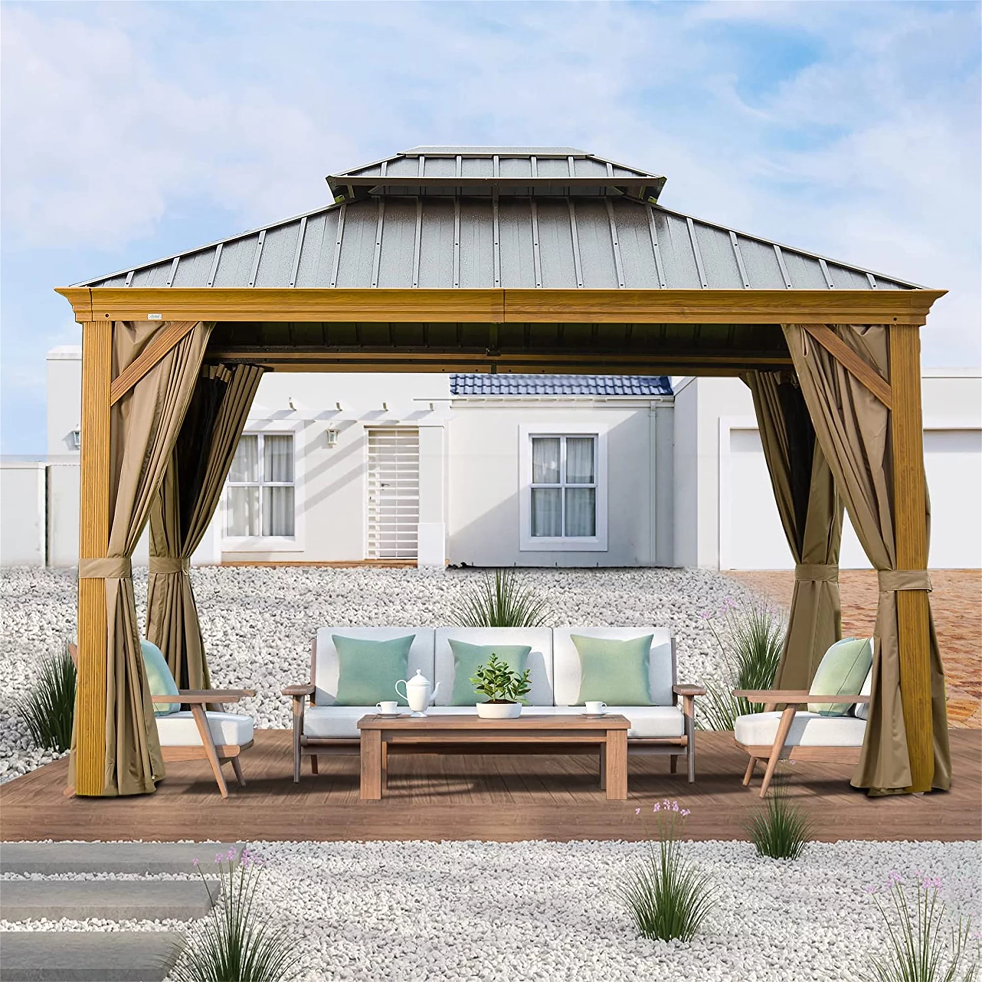 10'X12' Hardtop Gazebo, Wooden Coated Aluminum Frame Canopy with Galvanized Steel Double Roof, Outdoor Permanent Metal Pavilion with Curtains and Netting for Patio, Deck and Lawn(Wood-Looking)