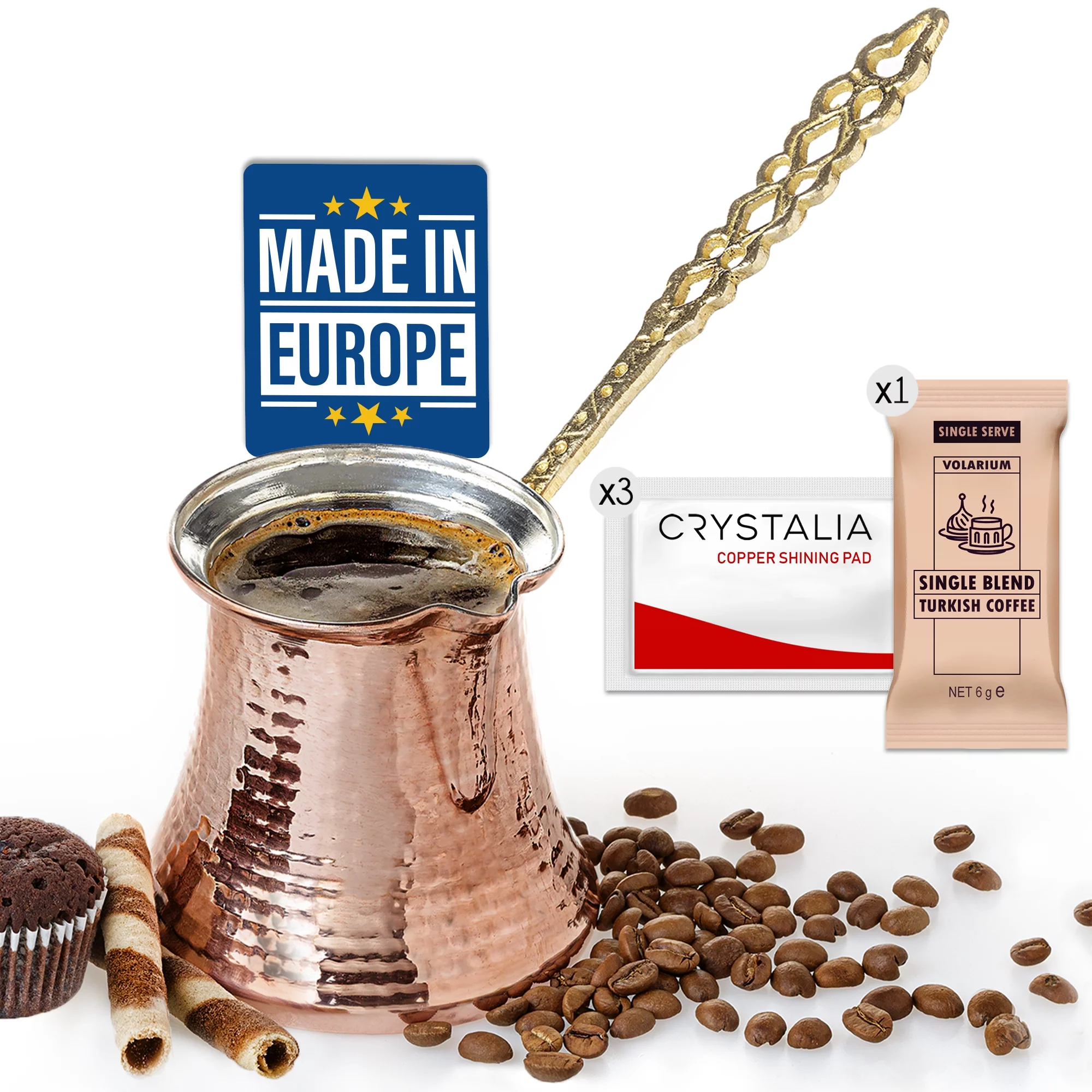 Crystalia Coffee Pot for Turkish Greek Arabic Coffee, Hammered Copper Coffee Cezve, Stove Top Coffee Maker,14.4 fl oz
