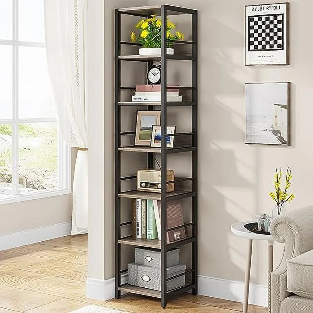 JYHOME 6-Tier Corner   75 Inch Tall Narrow Bookshelf  Rack  Etagere Shelves Display Stand for Small Spaces  Rustic Open Bookcase Corner Square  Tower for Living Room