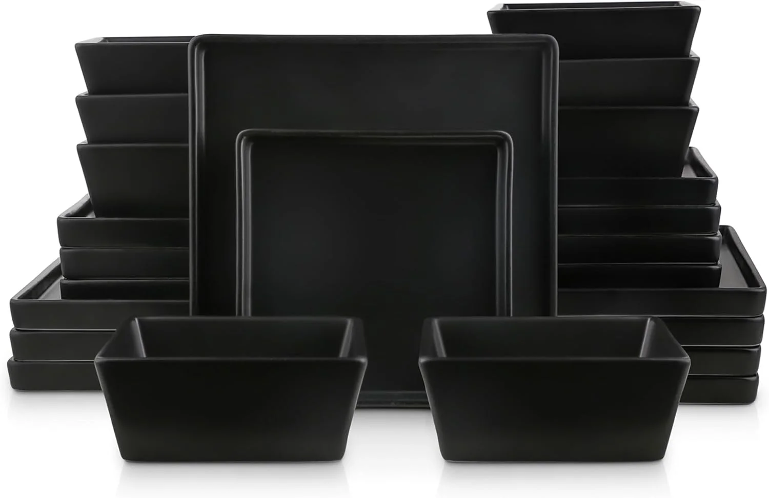 QINBI 24 Pieces Stoneware Square Dinnerware Set, Black Matte
