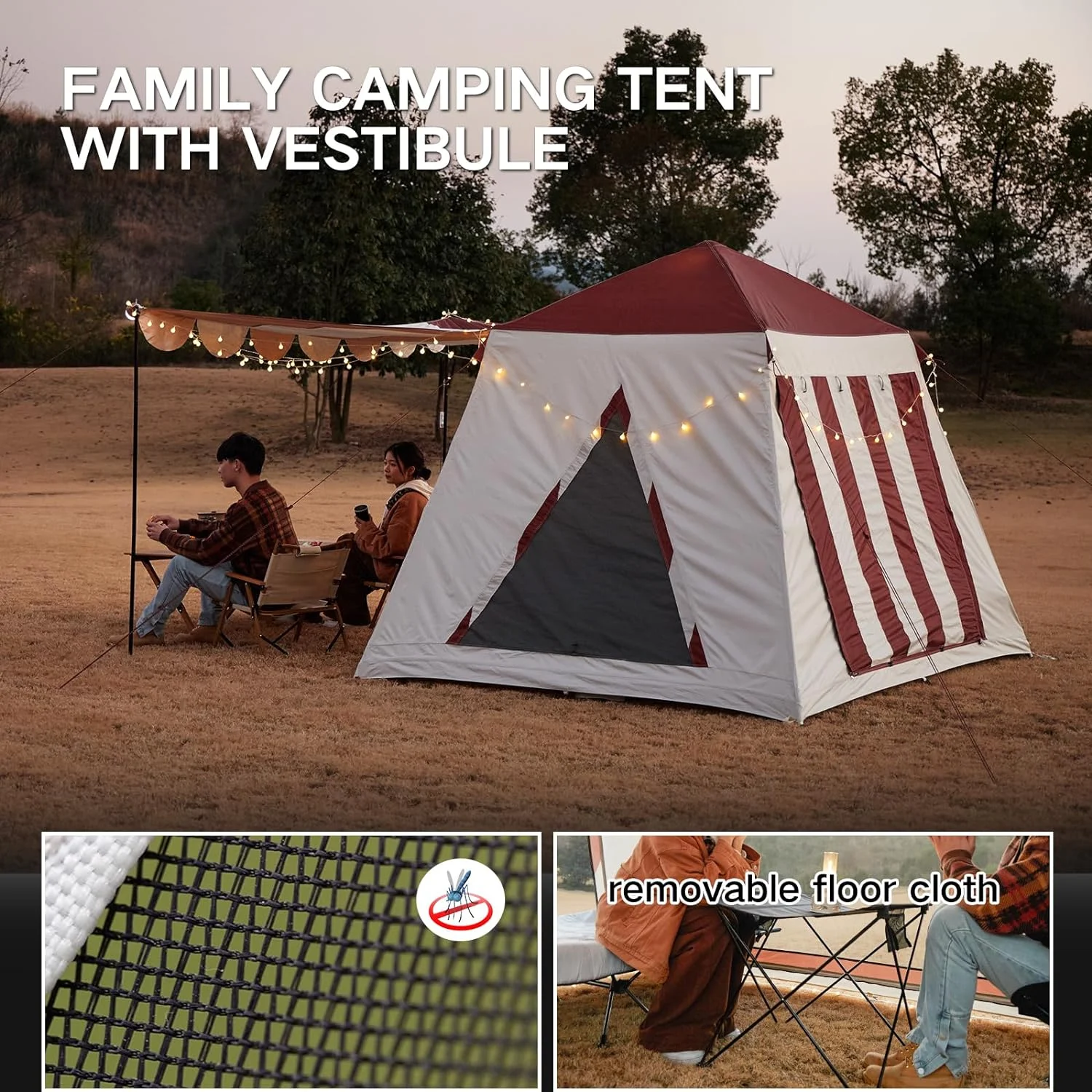 YUMIAO Camping Tent with Vestibule, 4/5/6 Person Instant Cabin Tent, Water Resistant Glamping Tent, Easy Setup for Trekking Hiking Outdoor, Ultralight Tent with Carry Bag Red Stripped Tent