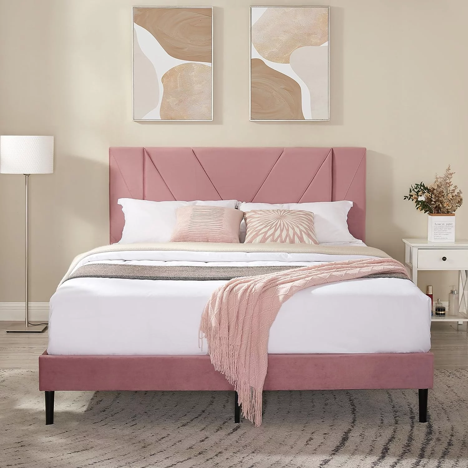 Bed Frame Queen Size with Headboard Velvet Upholstered Platform Bed with Sprung Slat, Modern Queen Bed Frame, Mattress Foundation, Easy Assembly, Pink
