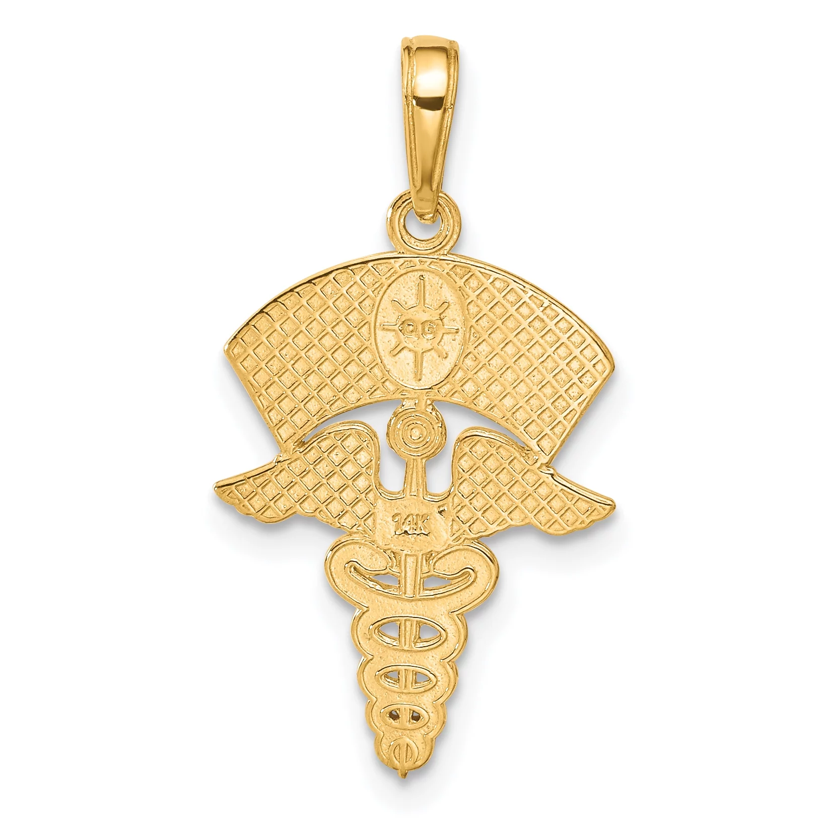 Carat in Karats 14K Yellow Gold Caduceus With Nurses Cap Pendant Charm (30mm x 15mm) With 10K Yellow Gold Lightweight Rope Chain Necklace 20''