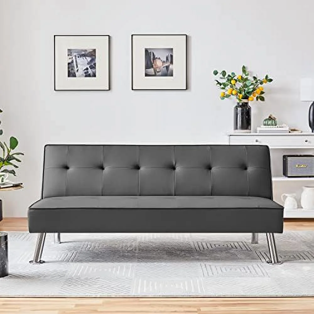 SJOINGB Convertible Sofa Couch Futon Bed Faux Leather Sofa Bed Sleeper Adjustable Loveseat Futon Couch Living Room  with Chrome Metal Legs  Gray