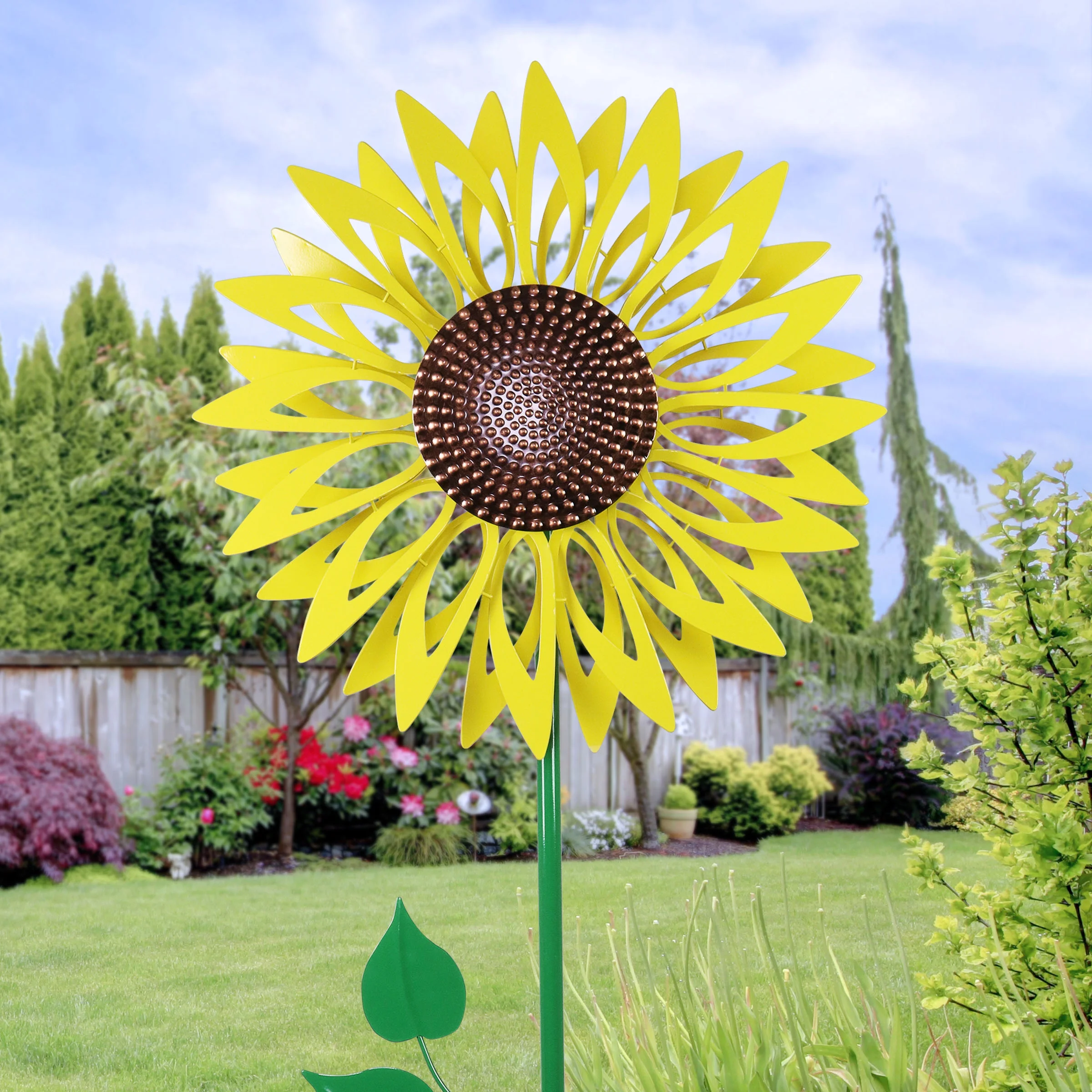 Exhart Giant Metal Kinetic Yellow Sunflower Dual Spinning Garden Stake, 24 by 72 inches