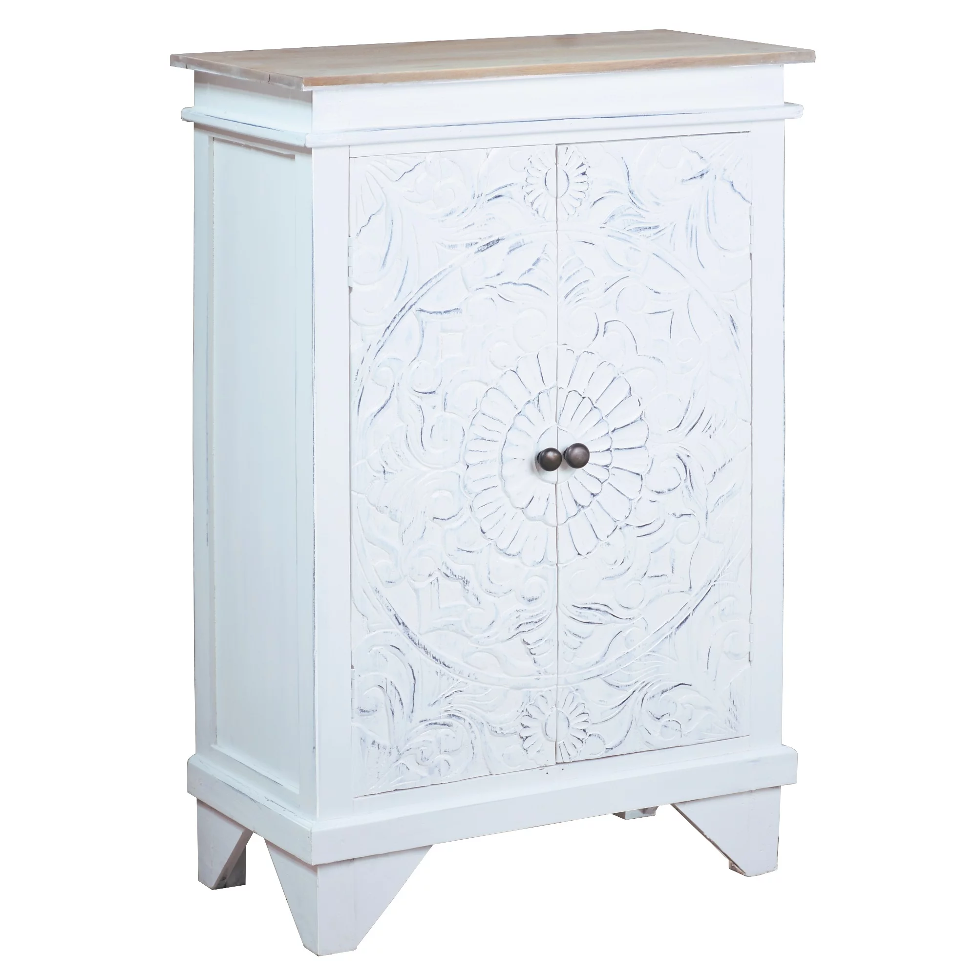 Besthom Shabby Chic Cottage Distressed White and Driftwood Brown Wood Carved Accent Cabinet