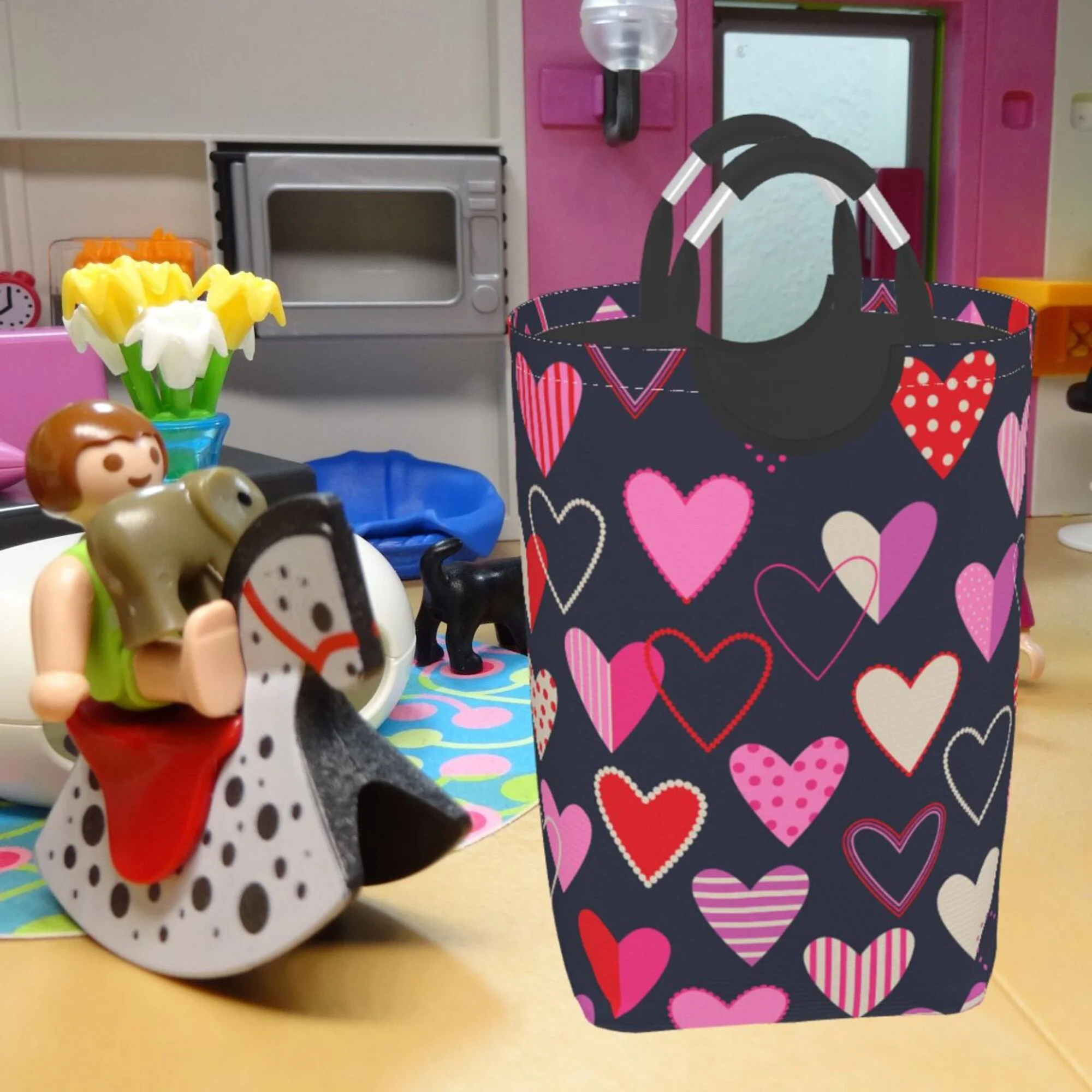 TEQUAN 50L Large Rectangular Laundry Hamper with Aluminum Handles, Romantic Love Pink Hearts Prints Waterproof Foldable Dirty Clothes Basket