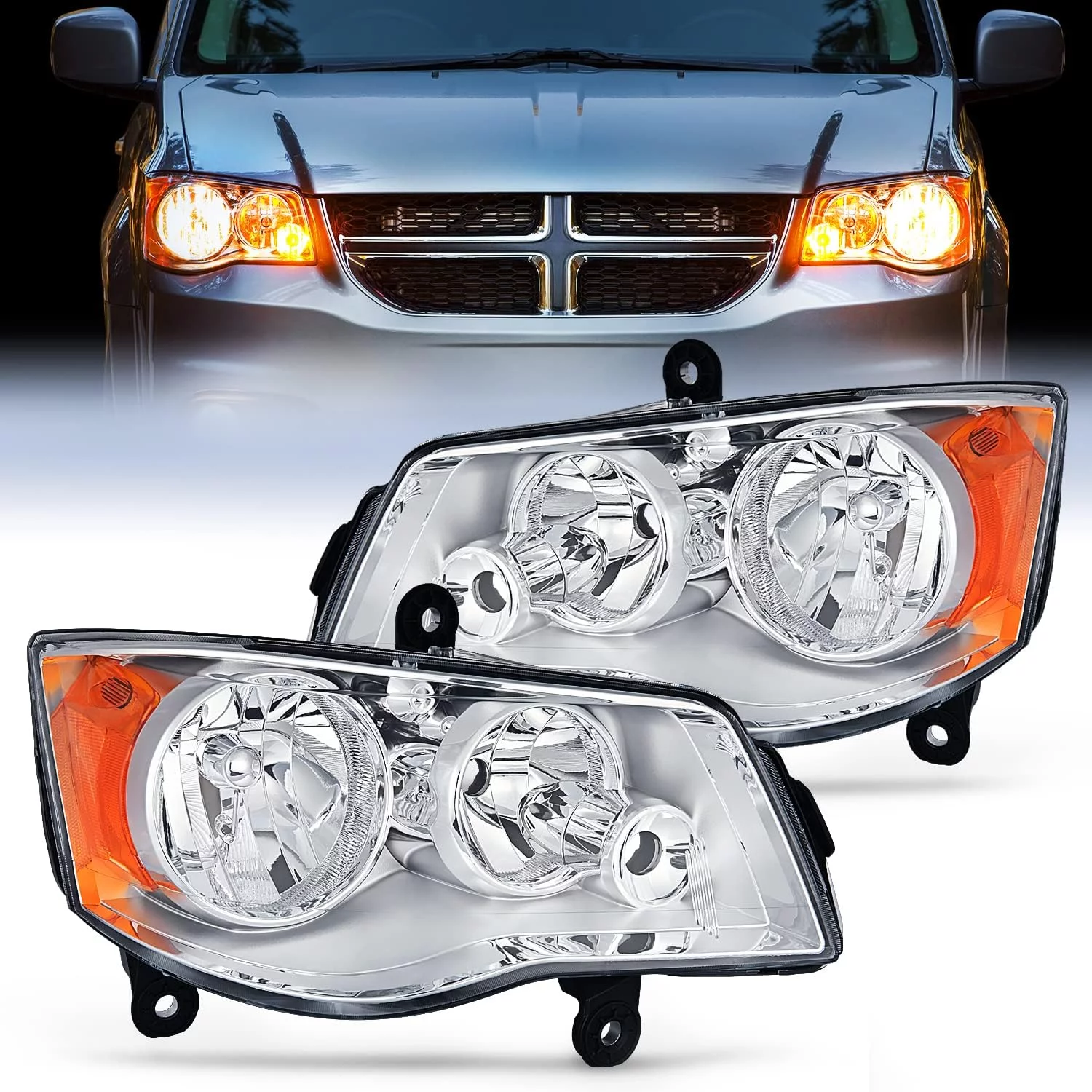 Nilight Headlight Assembly for 2011 2012 2013 2014 2015 2016 2017 2018 2019 Dodge Grand Caravan 2008-2016 Chrysler Town & Country Replacement Headlamp Chrome Housing Amber Reflector, 2 Years Warranty