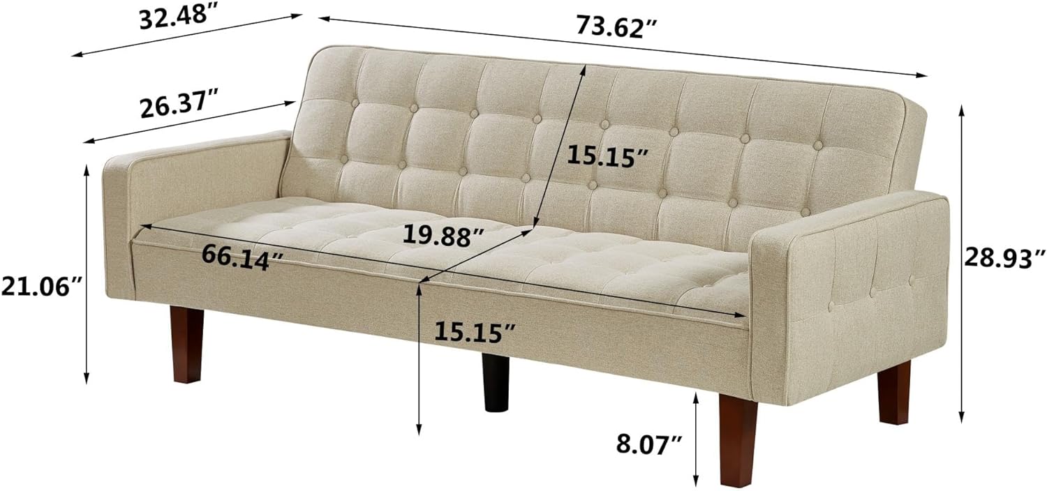 Linen Futon Sofa Bed 73.62 Inch Fabric Upholstered Convertible Sofa Bed,Modern 3 Seater Tufted Sofa with Adjustable Backrests and Soild Wood Legs for Living Room, Bedroom, Small Space（Beige）