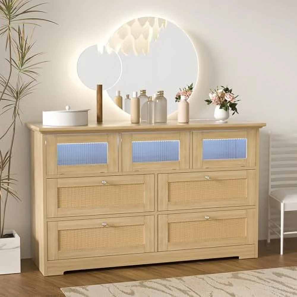 GVJMTKP Dresser for Bedroom with 8 Drawers  Double Dresser with LED Lights and Charging Station  Rattan Chest of Drawers  Tall Dresser with Drawers for Bedroom Living Room  Hallway