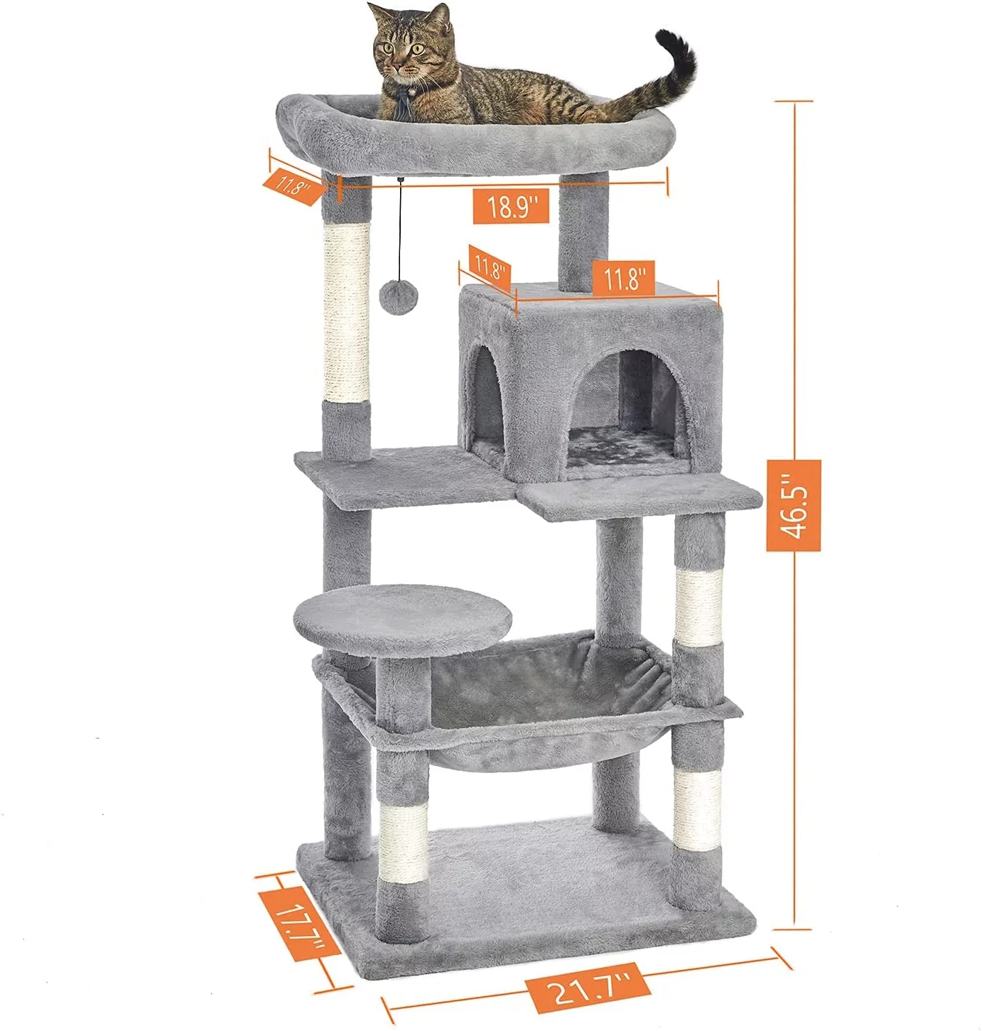 46.5 inches Cat Tree Multi-Level Cat Tower with Sisal-Covered Scratching Posts, Plush Perches, Hammock and Condo for Cats Light Gray