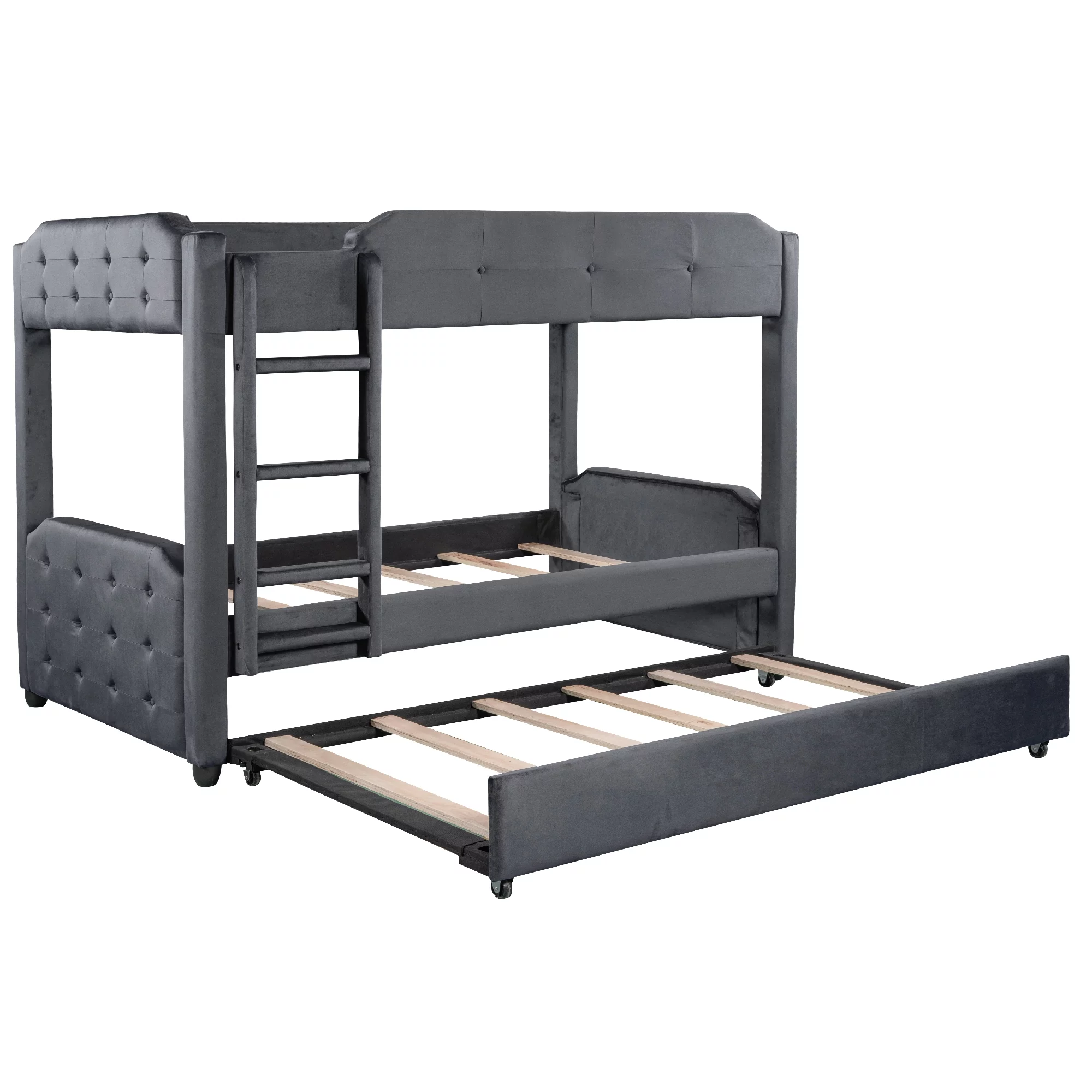 EUROCO Twin over Twin Upholstered Bunk Bed with Trundle, Gray