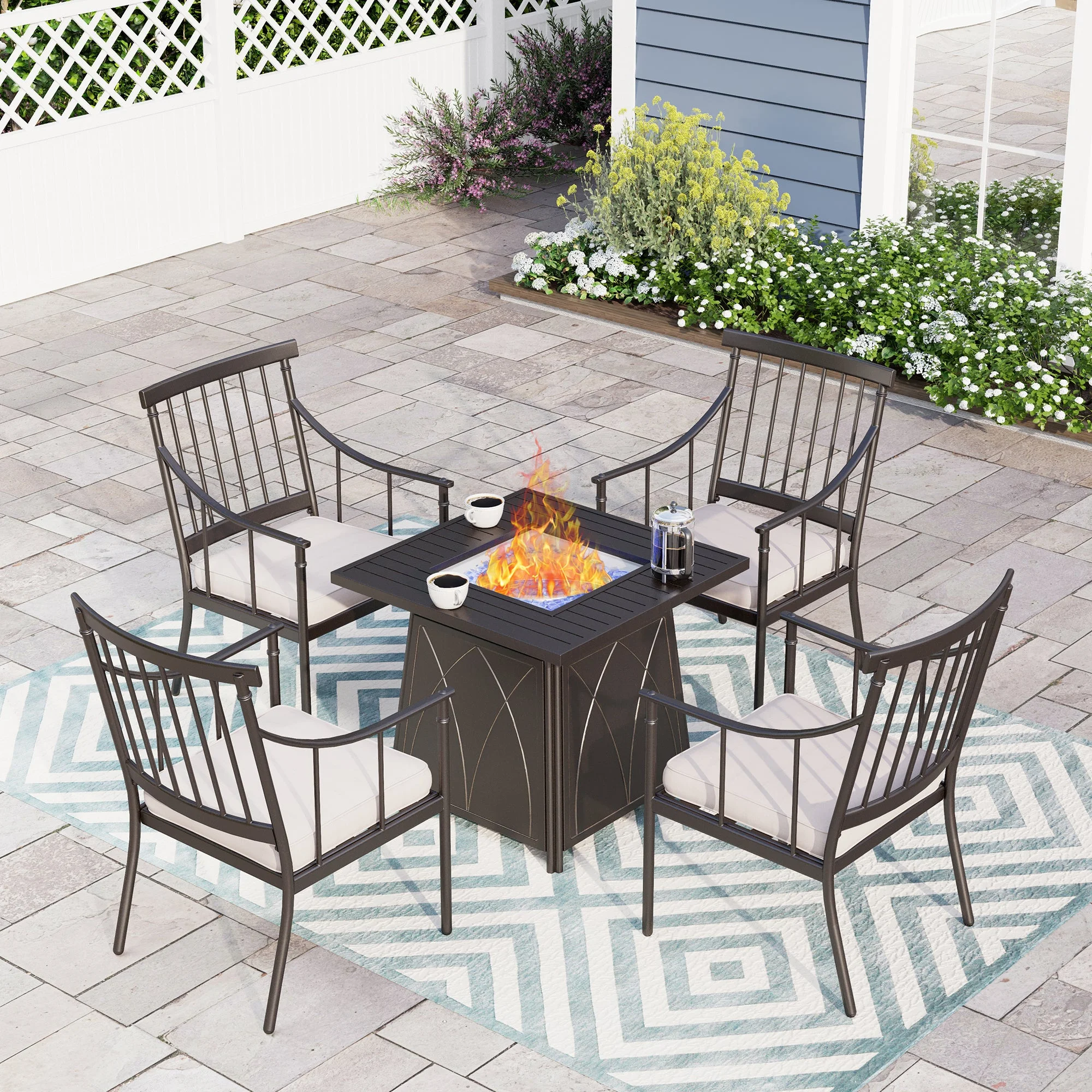 Sophia&William 5-Piece Outdoor Patio Dining Set Metal Padded Chairs and Fire Pit Table