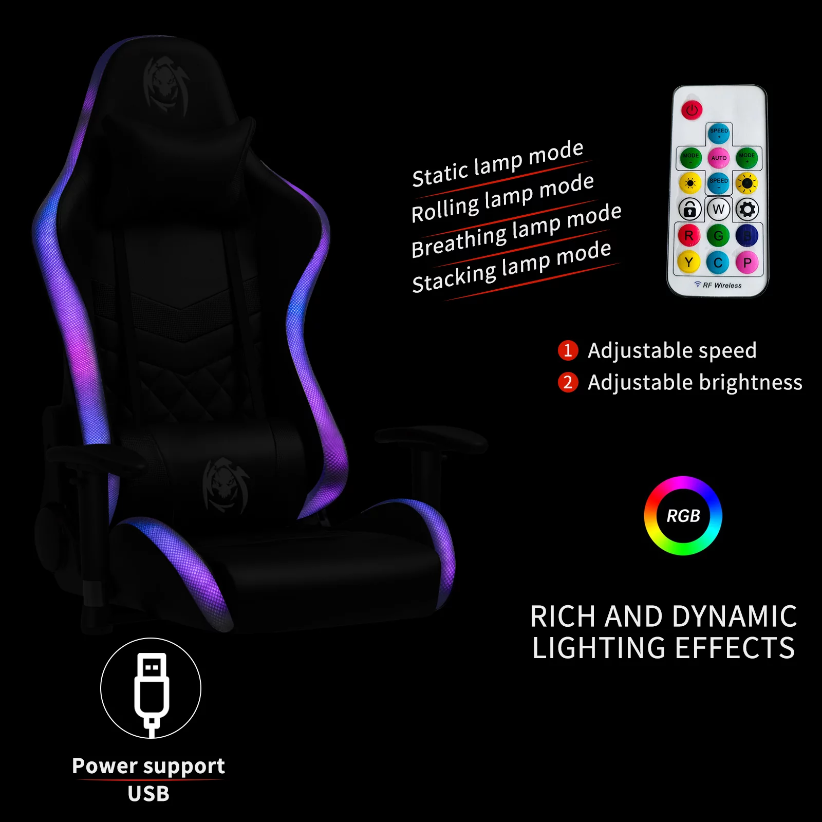 Czlolo Gaming Chair with Bluetooth Speakers and LED Lights, Music Video Game Chair, Ergonomic Computer Gamer Chair with Headrest and Lumbar Support for Adults, Black