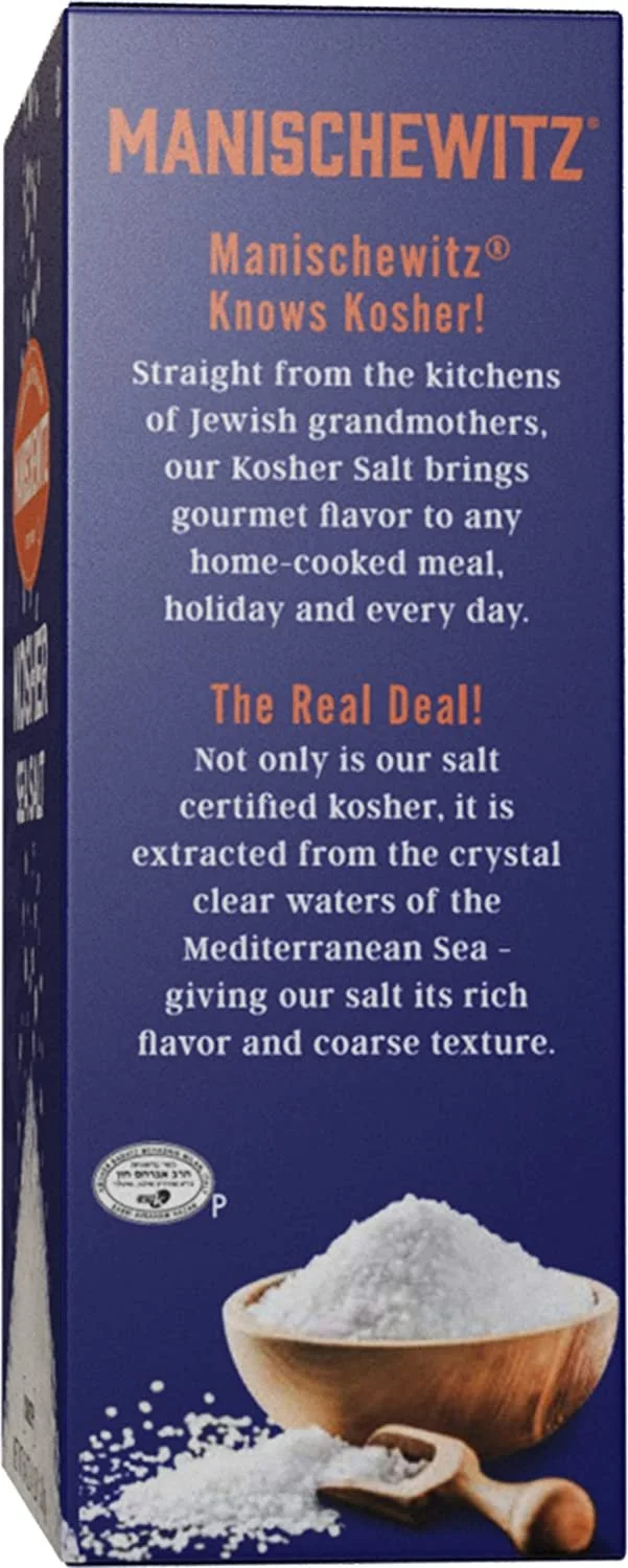 Manischewitz Natural Kosher Salt 4lb Box  EZ-Pour Spout  100% Coarse Sea Salt from Sicily Italy  Iodine Free  No Additives or Fillers  Salt Grinder Refill  25% more than 3lb box