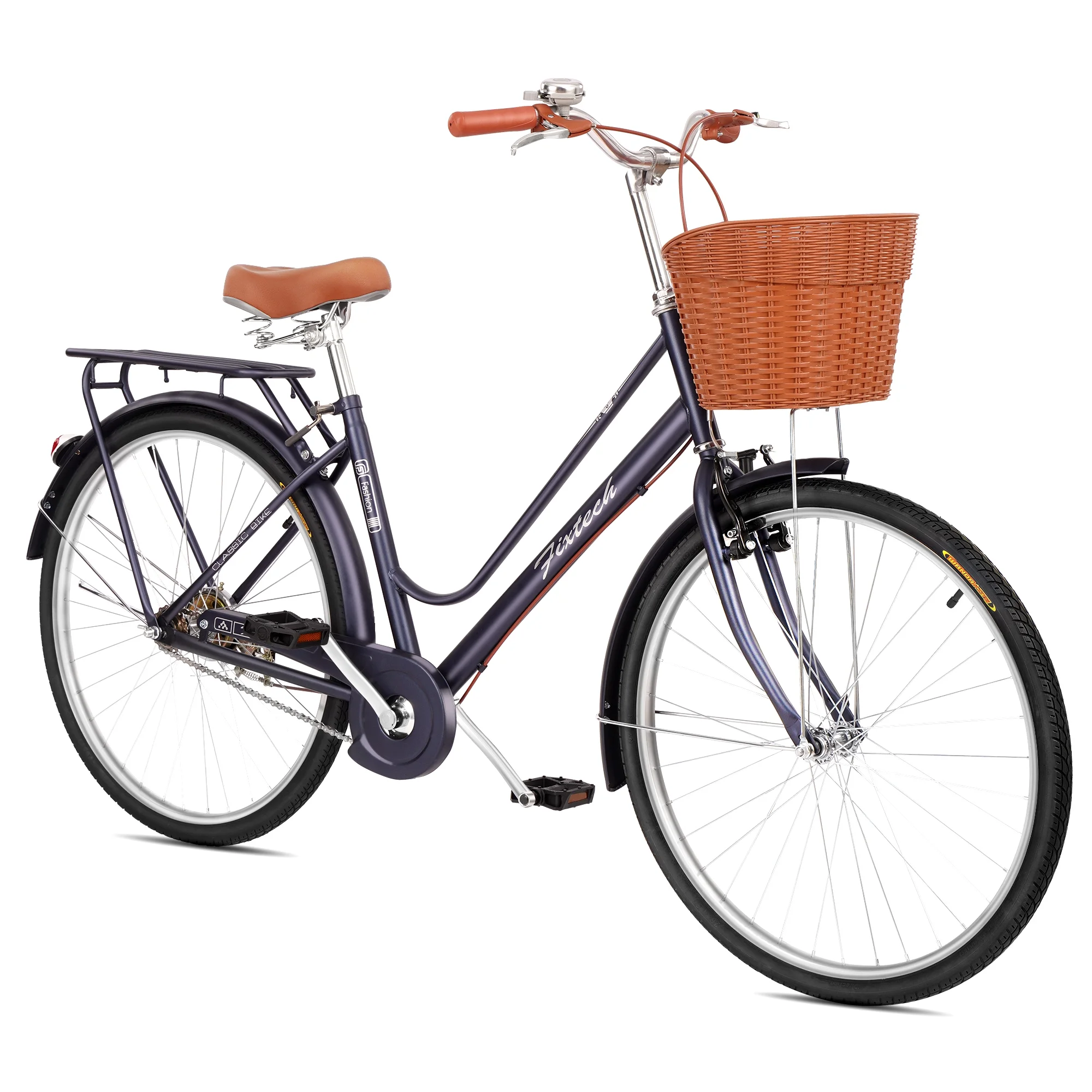 FIXTECH 26 Inch Beach Cruiser Bike for Women, Single Speed Commute Bike for Adults, Sturdy Rear Shelf with Adjustable Seat, Dark Blue