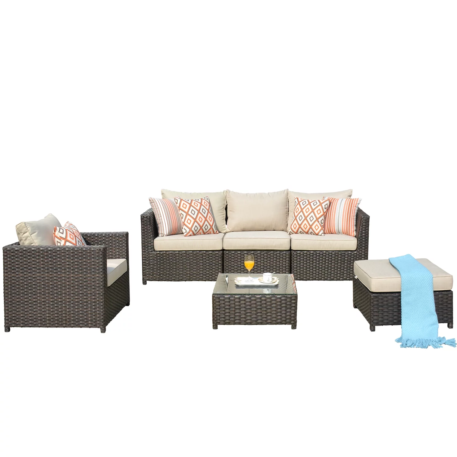 Ovios 6 Pieces Patio Furniture Set, PE Rattan Outdoor Furniture Set, All-Weather Patio Sectional Sofa with Glass Tabletop