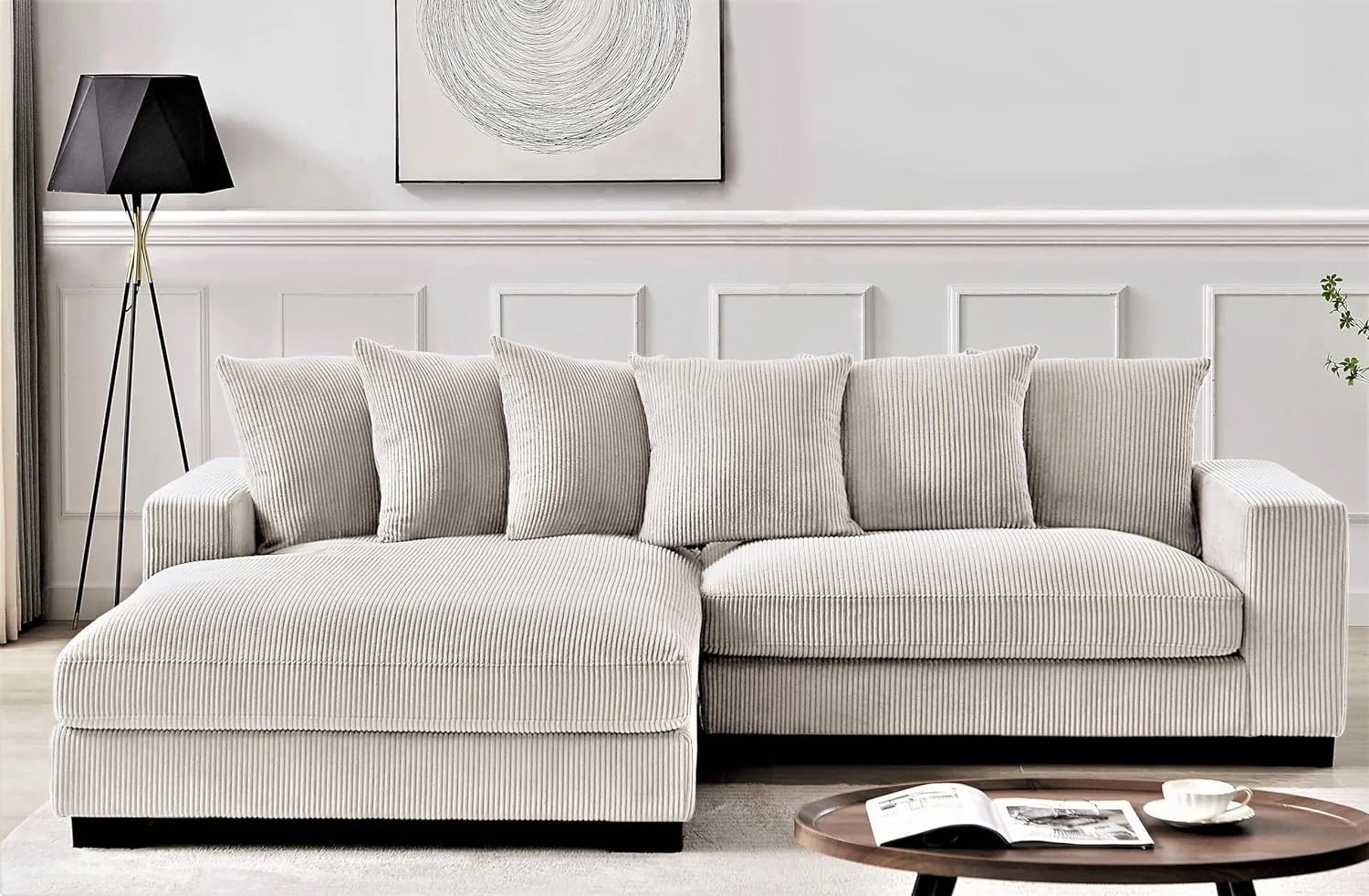 US Pride Furniture Luxe Oversized Two-Piece Sectional Couches for Living Room L Shaped Sofa with Chaise Upholstered with Corduroy Fabric Facing Left Ivory