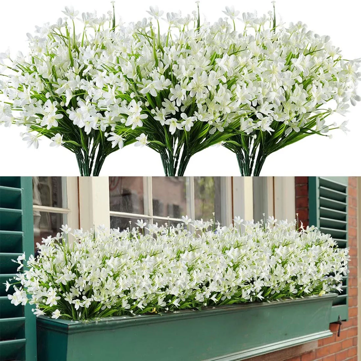 4 Bundles Artificial Flowers Fake Outdoor UV Resistant Plants Faux Plastic Greenery Shrubs Bushes Indoor Outside Hanging Planter Home Garden Window Box Patio Yard Office Wedding Decor (White)