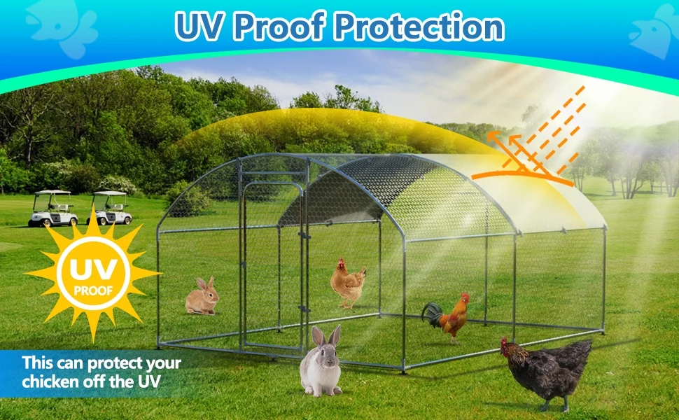 DremFaryoyo Metal Large  Coop Walk-in Poultry Cage Large  Run Arc Shaped Cage with Waterproof Anti-UltravioletCover  1.” Diameter Tube (9.8‘ L x 13.1‘ W x 6.4‘ H)